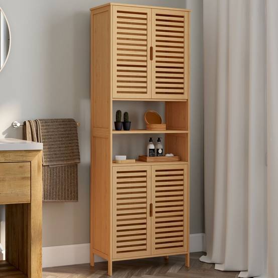 IDMARKET - Meuble armoire colonne salle de bain bambou BEA 4 portes et 2 niches - Image 1