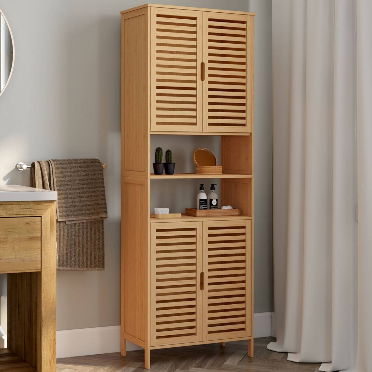 IDMARKET - Meuble armoire colonne salle de bain bambou BEA 4 portes et 2 niches - Image 1