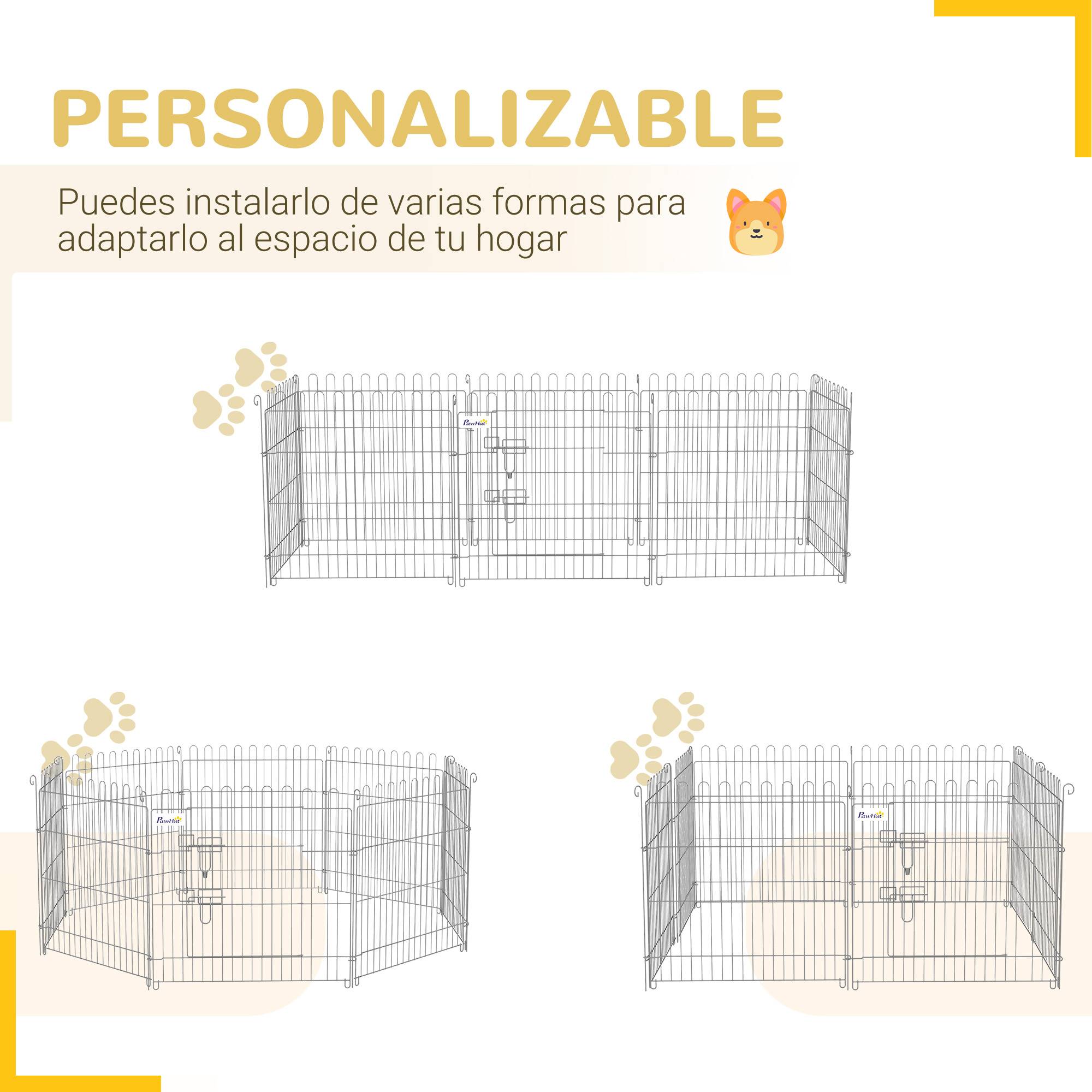Clôture pliante pour chien en 8 parties, 63 x 60 cm, avec 1 portillon et cadre en acier, couleur argent, idéale pour jardin et terrasse. - Image 6