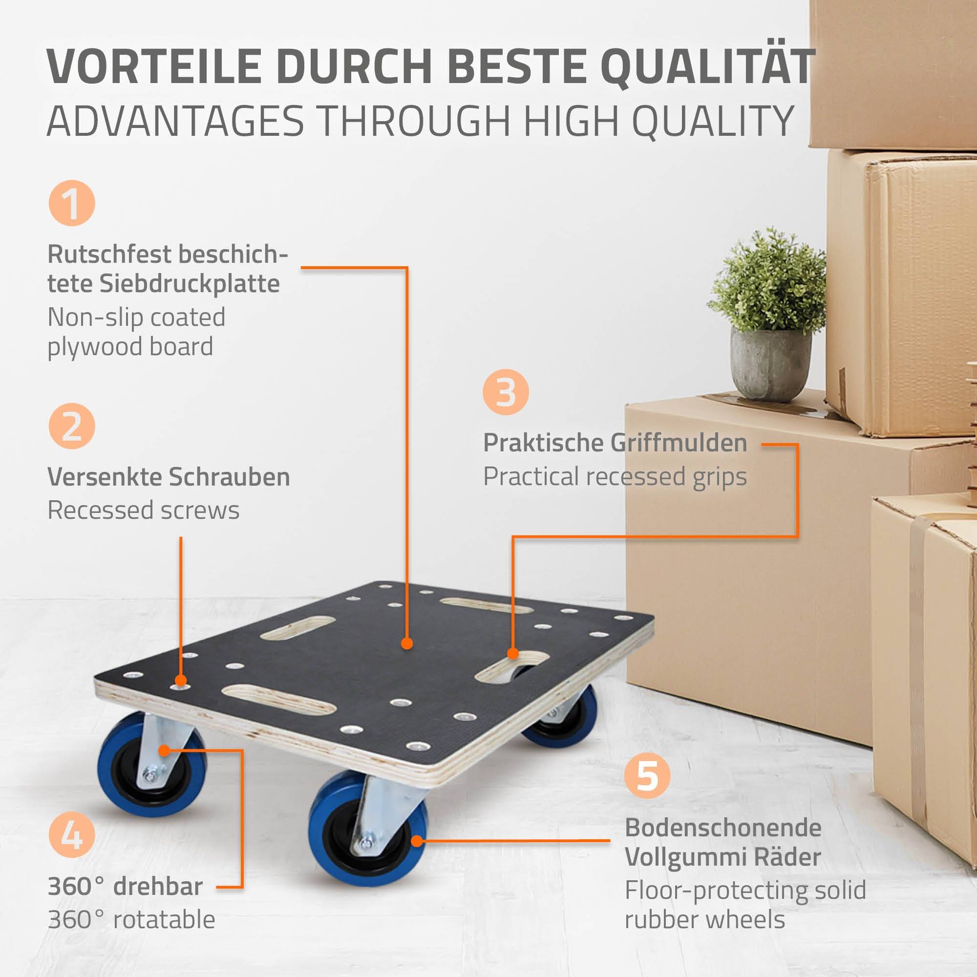 Ecd-Germany - Chariot de transport 35x50 cm capacité 800 kg plateau roulant contreplaqué surface antidérapante roulettes en PP idéal pour meubles et déménagement - Imagen 3