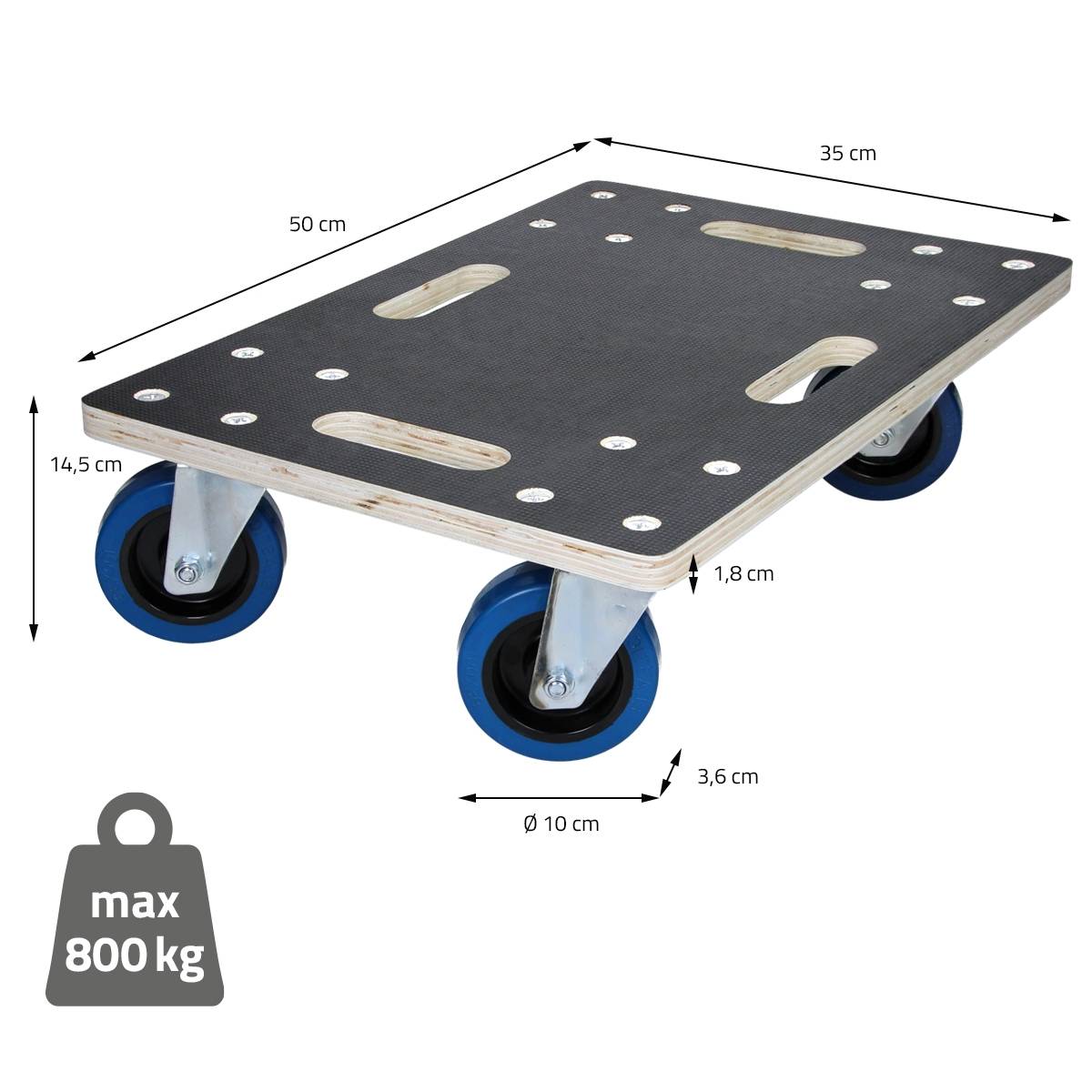 Ecd-Germany - Chariot de transport 35x50 cm capacité 800 kg plateau roulant contreplaqué surface antidérapante roulettes en PP idéal pour meubles et déménagement - Imagen 7