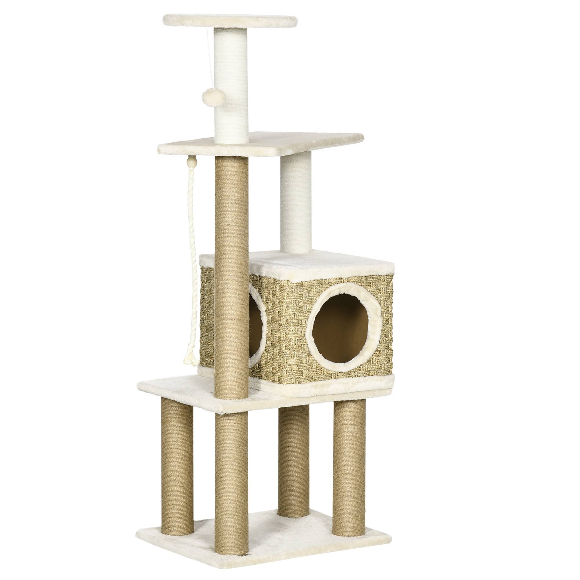 Pawhut - Arbre à chat style cosy chic griffoirs sisal naturel niche plateformes corde jeu boule peluche courte cordes d'algues tressées - Imagen 1