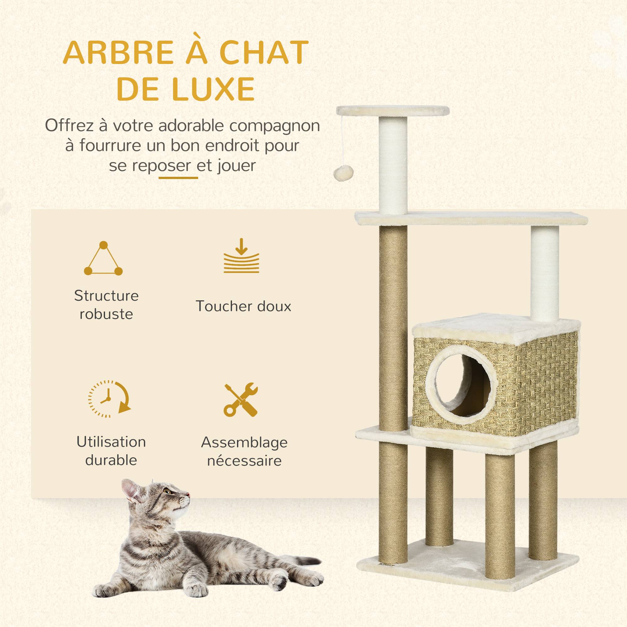 Pawhut - Arbre à chat style cosy chic griffoirs sisal naturel niche plateformes corde jeu boule peluche courte cordes d'algues tressées - Imagen 4