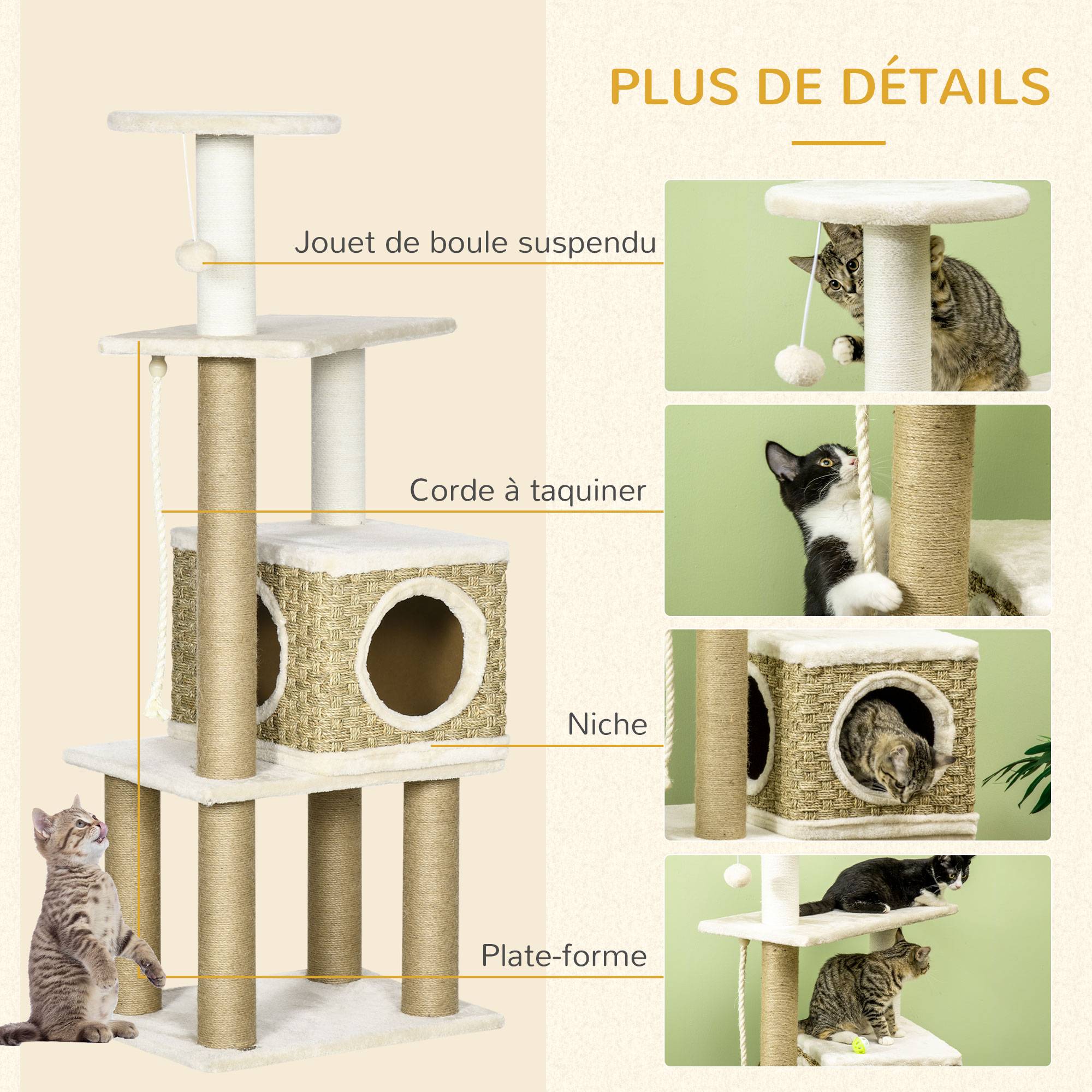 Pawhut - Arbre à chat style cosy chic griffoirs sisal naturel niche plateformes corde jeu boule peluche courte cordes d'algues tressées - Imagen 5