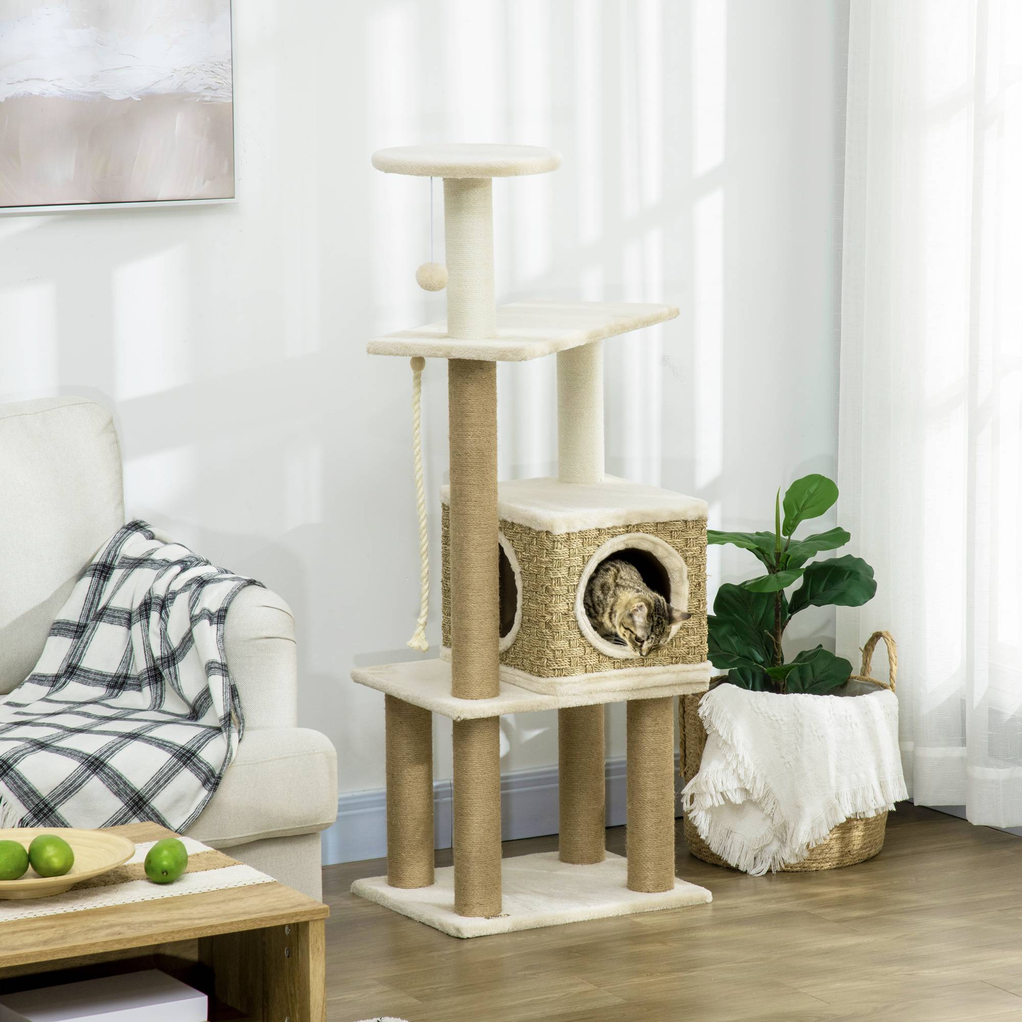 Pawhut - Arbre à chat style cosy chic griffoirs sisal naturel niche plateformes corde jeu boule peluche courte cordes d'algues tressées - Imagen 2