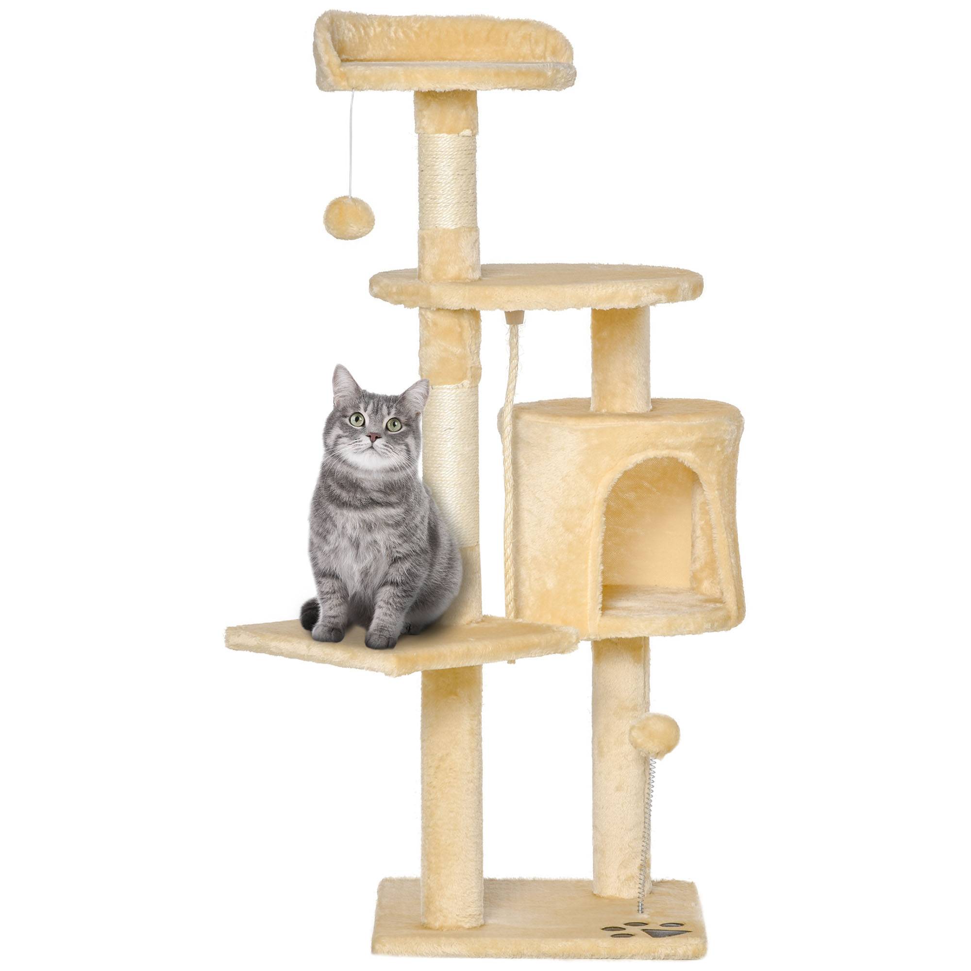 Arbre à chat bois 4 niveaux, niche, jouets, balle et corde, hauteur 114cm - Image 1