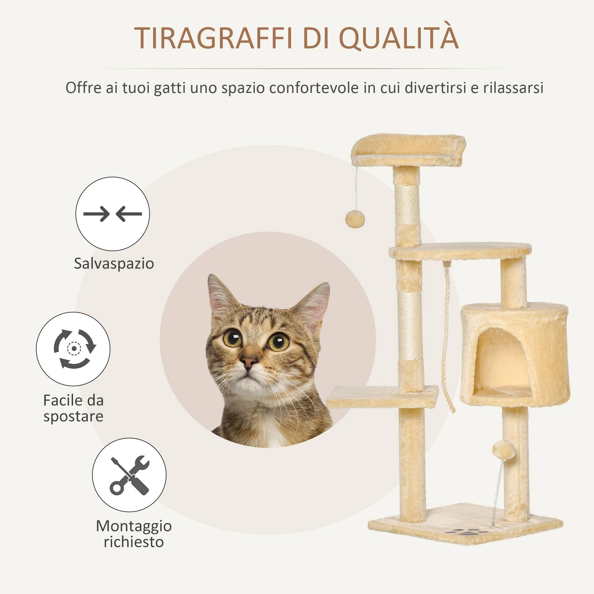 Arbre à chat bois 4 niveaux, niche, jouets, balle et corde, hauteur 114cm - Image 6
