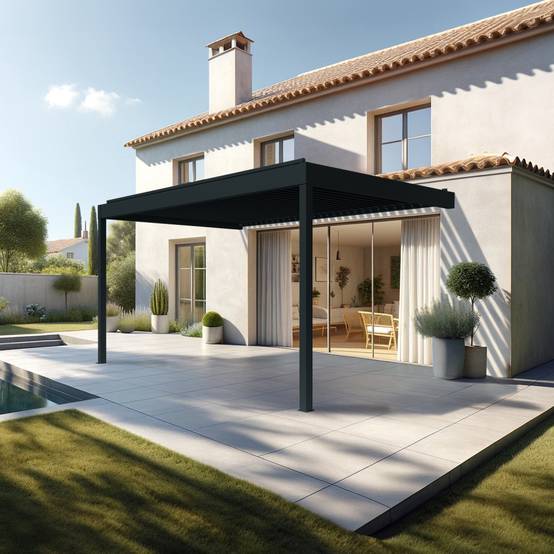 Pergola bioclimatique HELY perpendiculaire 4,09x4,50m Vérin à télécommande (Gris anthracite) - Alia Productions - Imagen 2