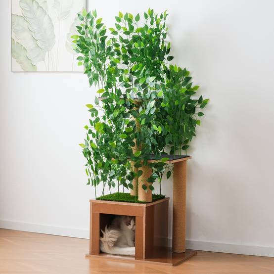 Arbre à Chat Sapin 158 cm avec 3 Plateformes et Grotte, Feuilles Amovibles, Matériaux Respectueux des Animaux, Idéal pour Grimper et Se Cacher - Image 1