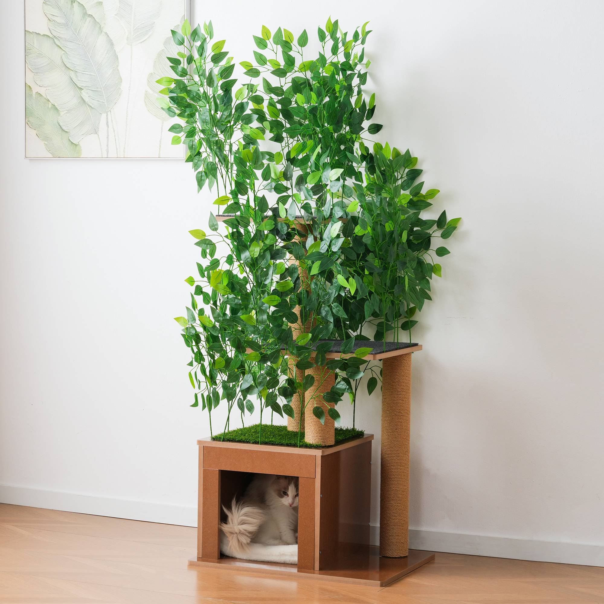 Arbre à Chat Sapin 158 cm avec 3 Plateformes et Grotte, Feuilles Amovibles, Matériaux Respectueux des Animaux, Idéal pour Grimper et Se Cacher - Image 1