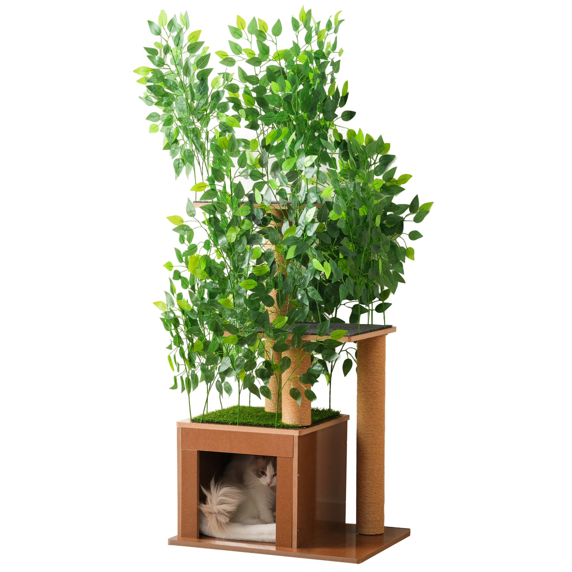 Arbre à Chat Sapin 158 cm avec 3 Plateformes et Grotte, Feuilles Amovibles, Matériaux Respectueux des Animaux, Idéal pour Grimper et Se Cacher - Image 6