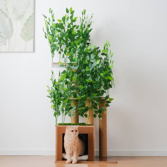 Arbre à Chat Sapin 158 cm avec 3 Plateformes et Grotte, Feuilles Amovibles, Matériaux Respectueux des Animaux, Idéal pour Grimper et Se Cacher - Image 4
