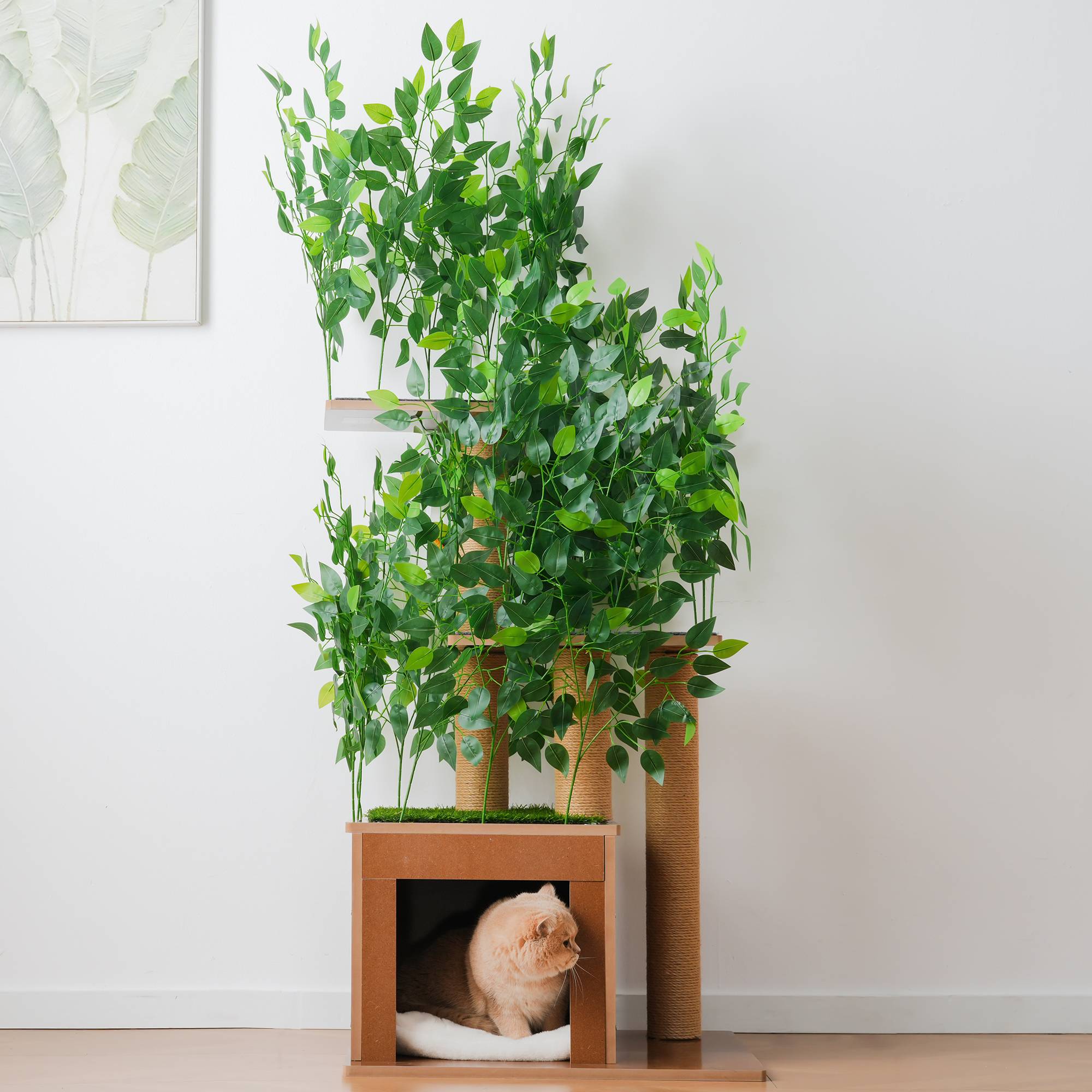 Arbre à Chat Sapin 158 cm avec 3 Plateformes et Grotte, Feuilles Amovibles, Matériaux Respectueux des Animaux, Idéal pour Grimper et Se Cacher - Image 9