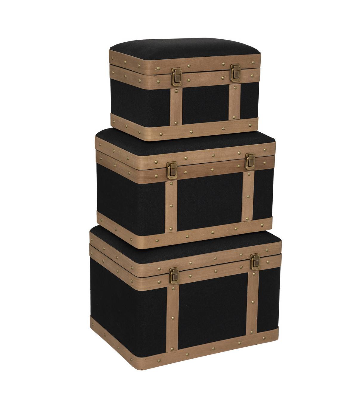 Set de 3 Malles de rangement déco en Bois et Lin noir - Imagen 1