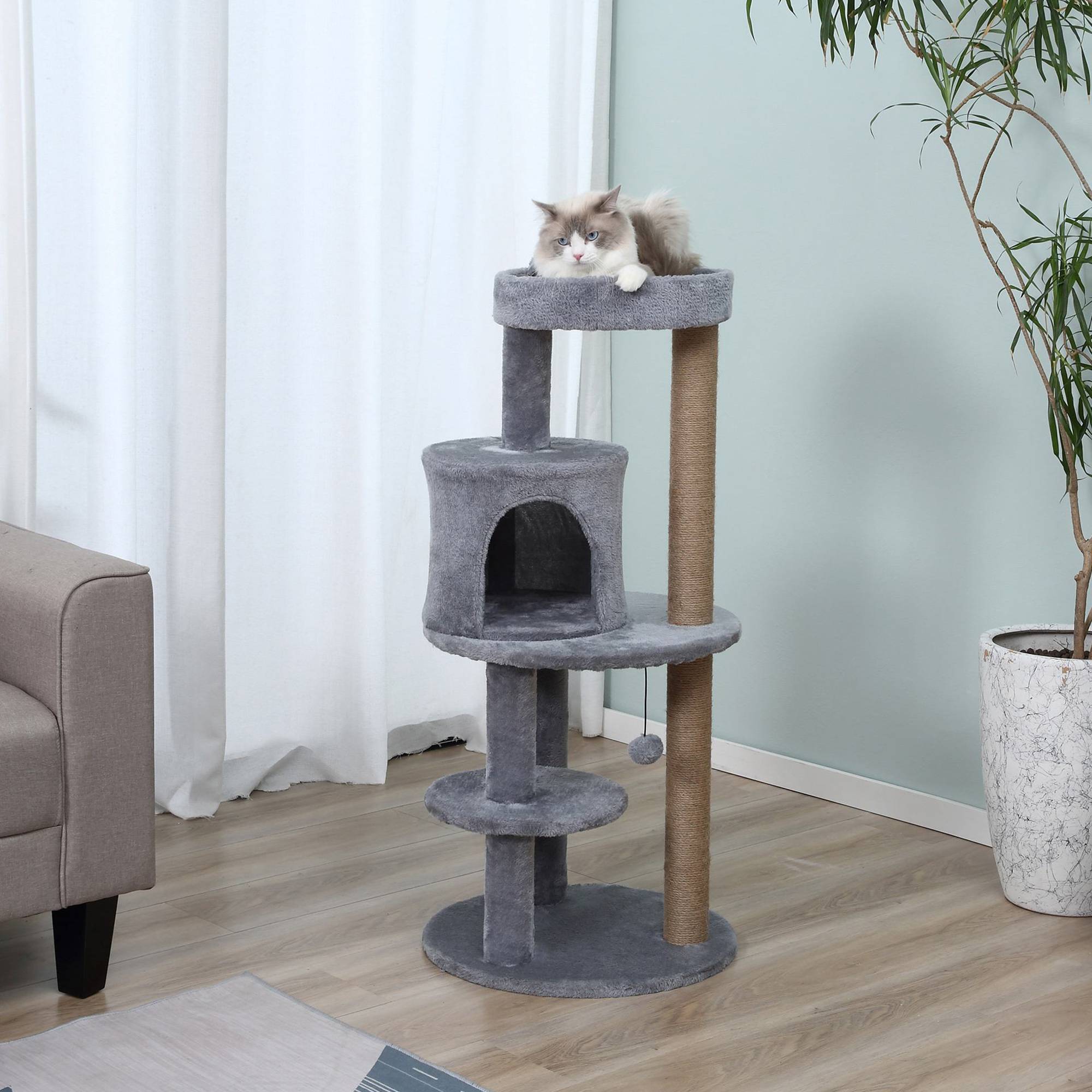 Arbre à chat PawHut multi activités, griffoirs sisal, plateformes, cachette, jouet suspendu, Ø 48 x 104 cm - Image 3