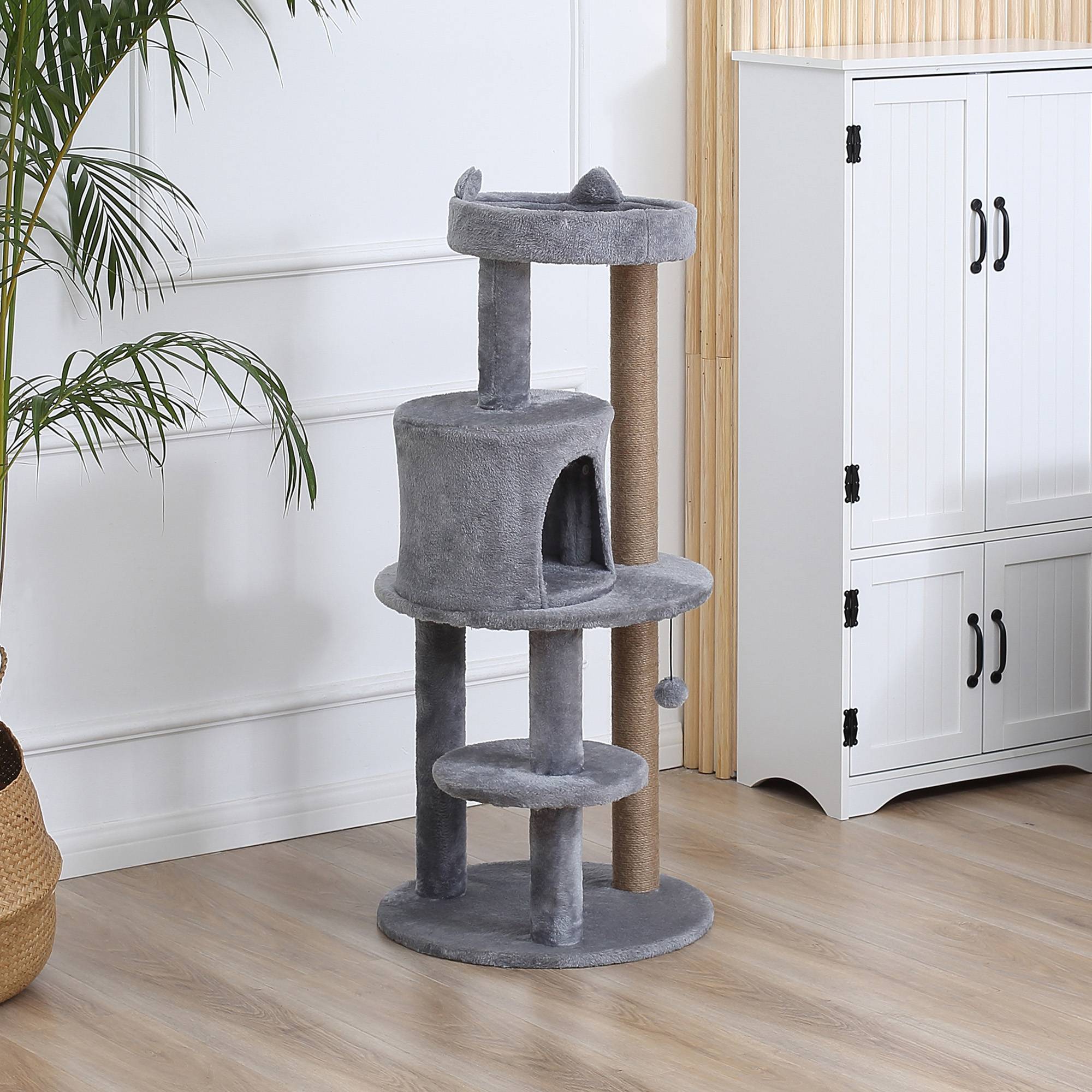 Arbre à chat PawHut multi activités, griffoirs sisal, plateformes, cachette, jouet suspendu, Ø 48 x 104 cm - Image 4