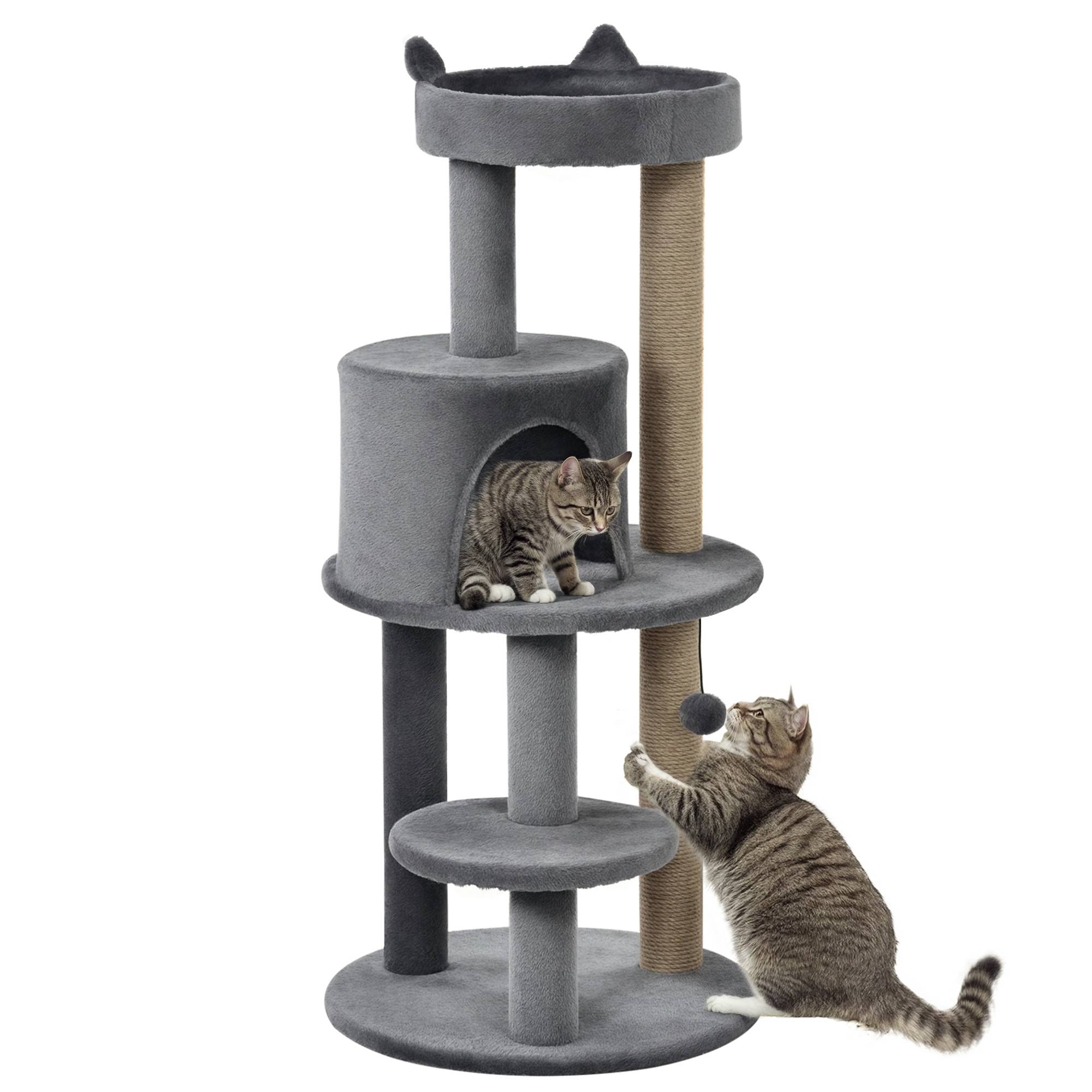 Arbre à chat PawHut multi activités, griffoirs sisal, plateformes, cachette, jouet suspendu, Ø 48 x 104 cm - Image 1
