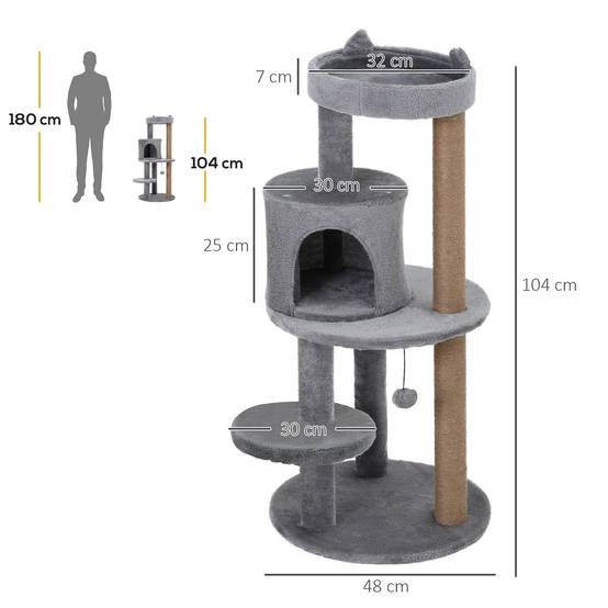 Arbre à chat PawHut multi activités, griffoirs sisal, plateformes, cachette, jouet suspendu, Ø 48 x 104 cm - Image 5