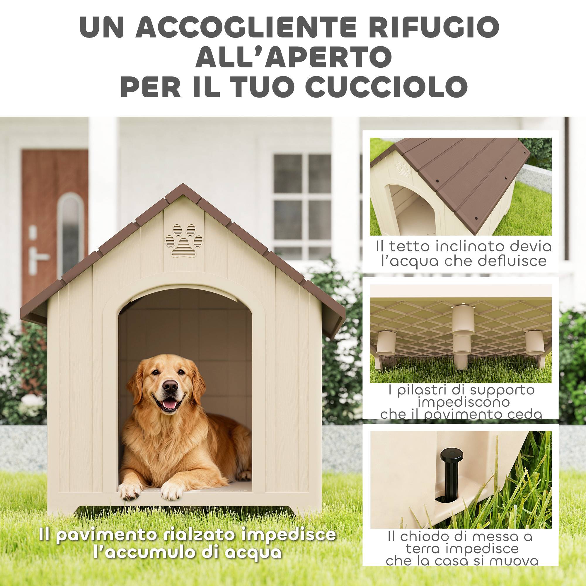 Niche pour chien surélevée toit incliné, aérations, PP, 88x78x89 cm, beige et marron foncé - Image 6