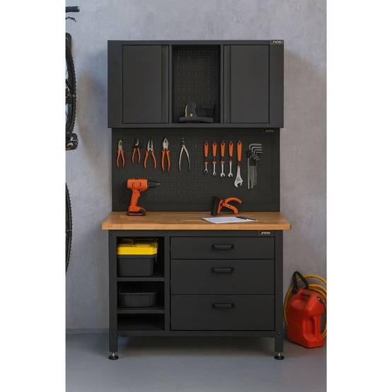 Etabli d'Atelier Garage avec Armoire de Rangement - Plan de travail Bois 2 Armoires 3 tiroirs Panneau perforé Charge 500kg VITO - Image 3