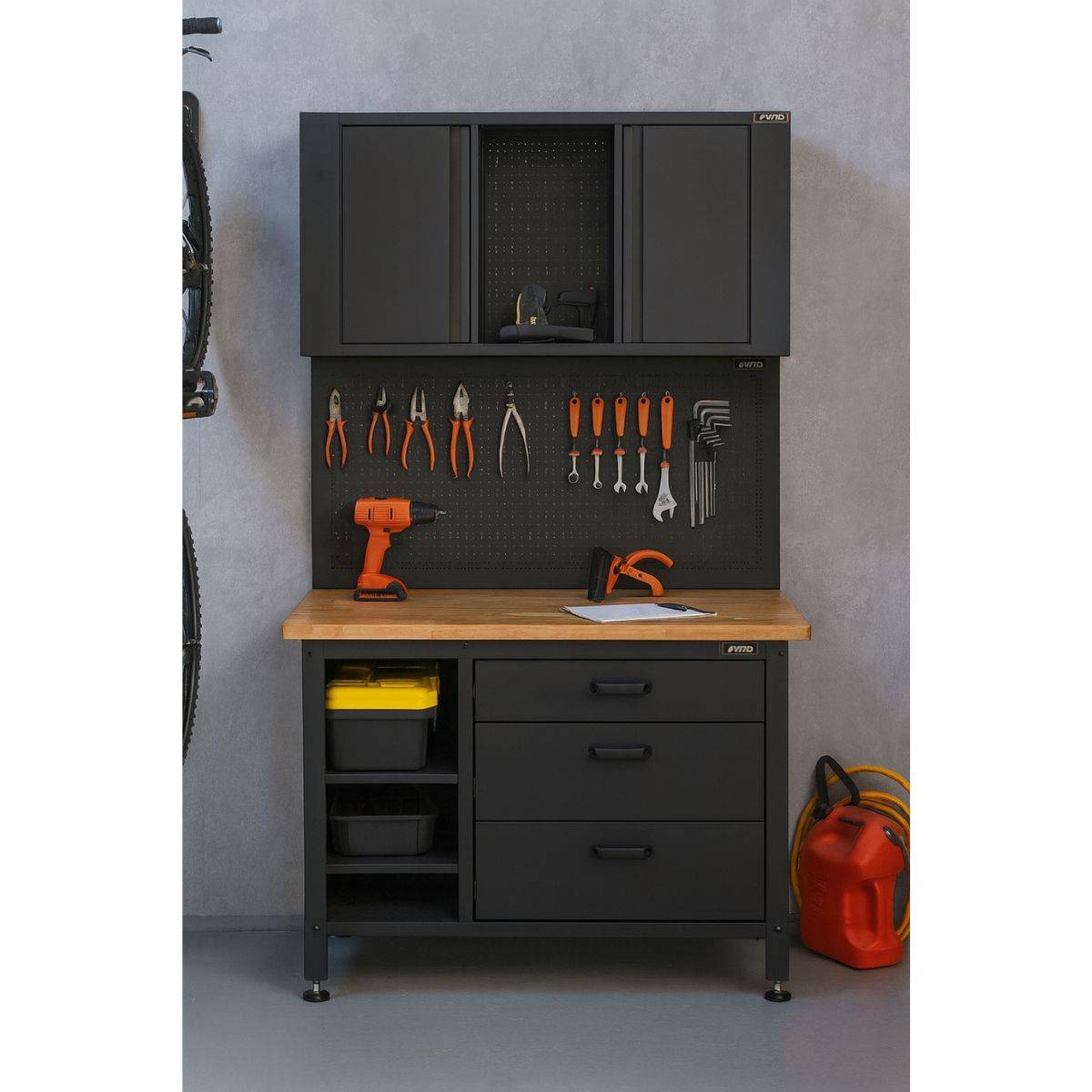 Etabli d'Atelier Garage avec Armoire de Rangement - Plan de travail Bois 2 Armoires 3 tiroirs Panneau perforé Charge 500kg VITO - Image 3
