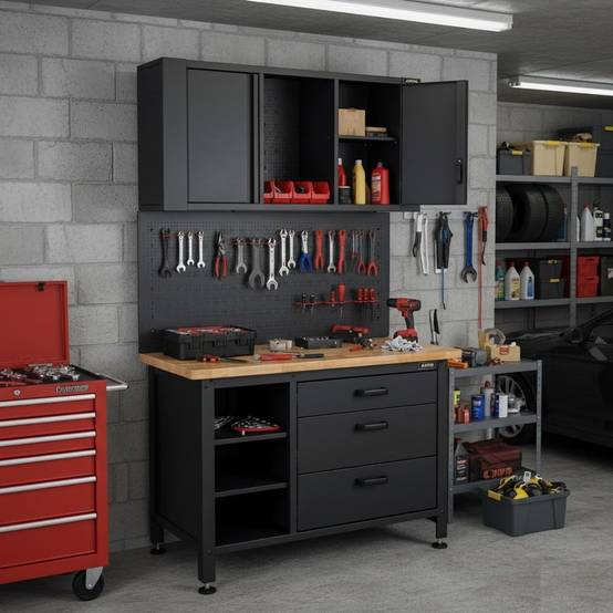 Etabli d'Atelier Garage avec Armoire de Rangement - Plan de travail Bois 2 Armoires 3 tiroirs Panneau perforé Charge 500kg VITO - Image 2