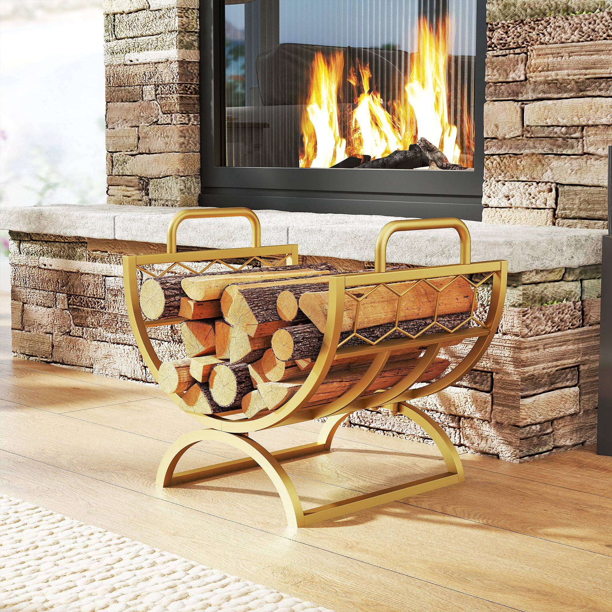 ComfortXL - Porte-bûches métal doré 46 x 36 x 41 cm intérieur cheminée design nid d’abeille compact et décoratif - Image 7