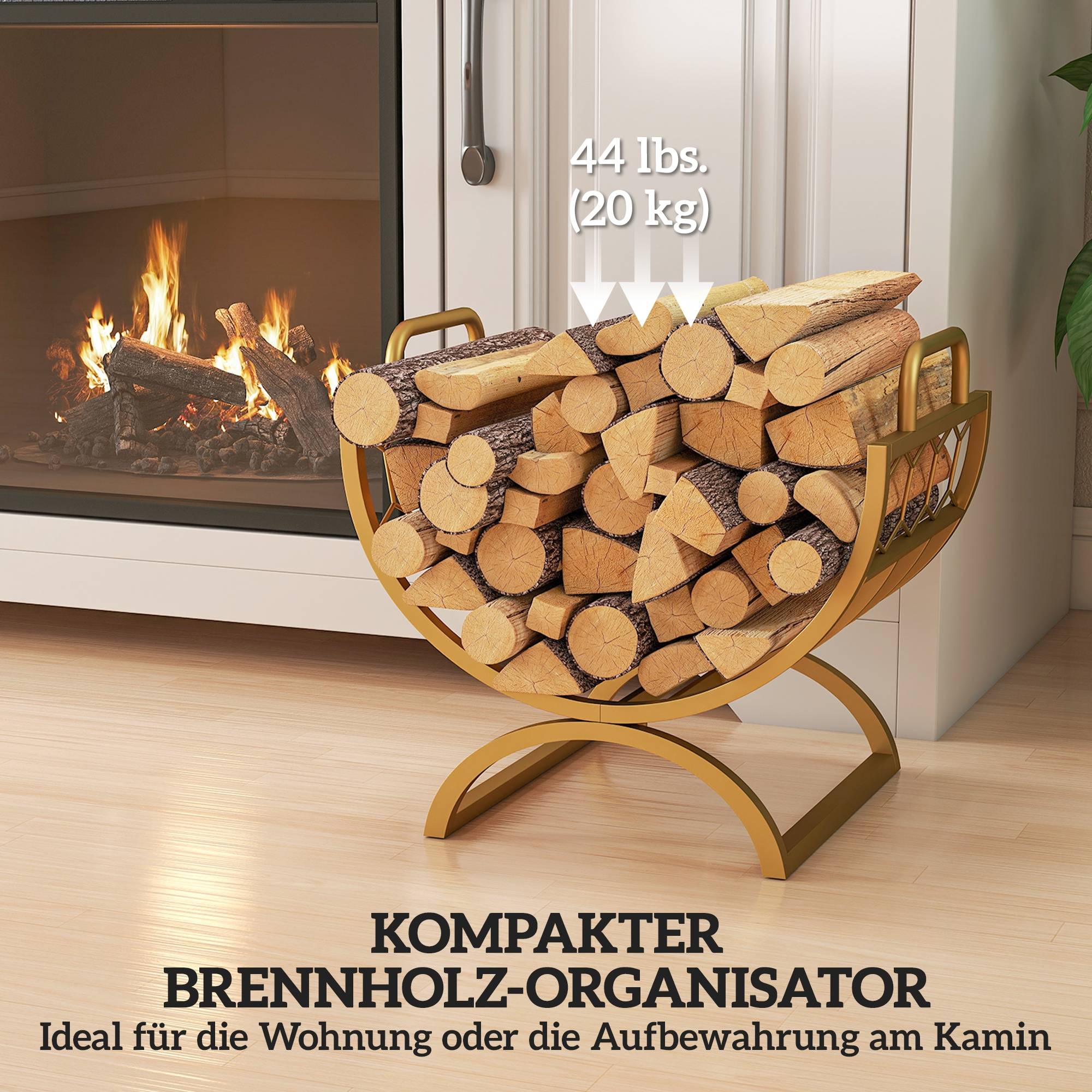 ComfortXL - Porte-bûches métal doré 46 x 36 x 41 cm intérieur cheminée design nid d’abeille compact et décoratif - Image 4