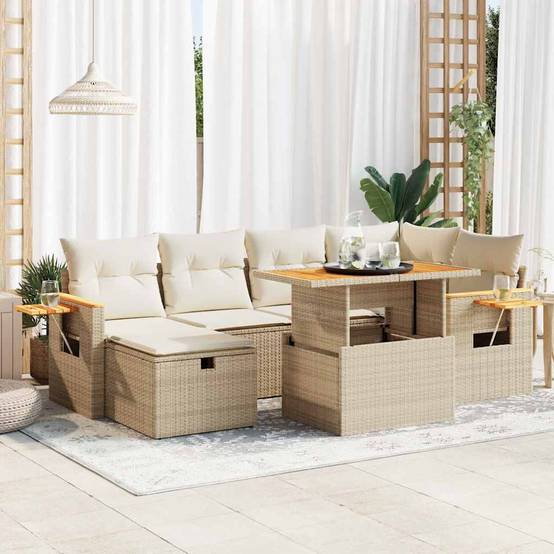 Salon de jardin 8 éléments polyrotin beige avec table ajustable et coffres de rangement intégrés – ComfortXL Outdoor Living - Image 1