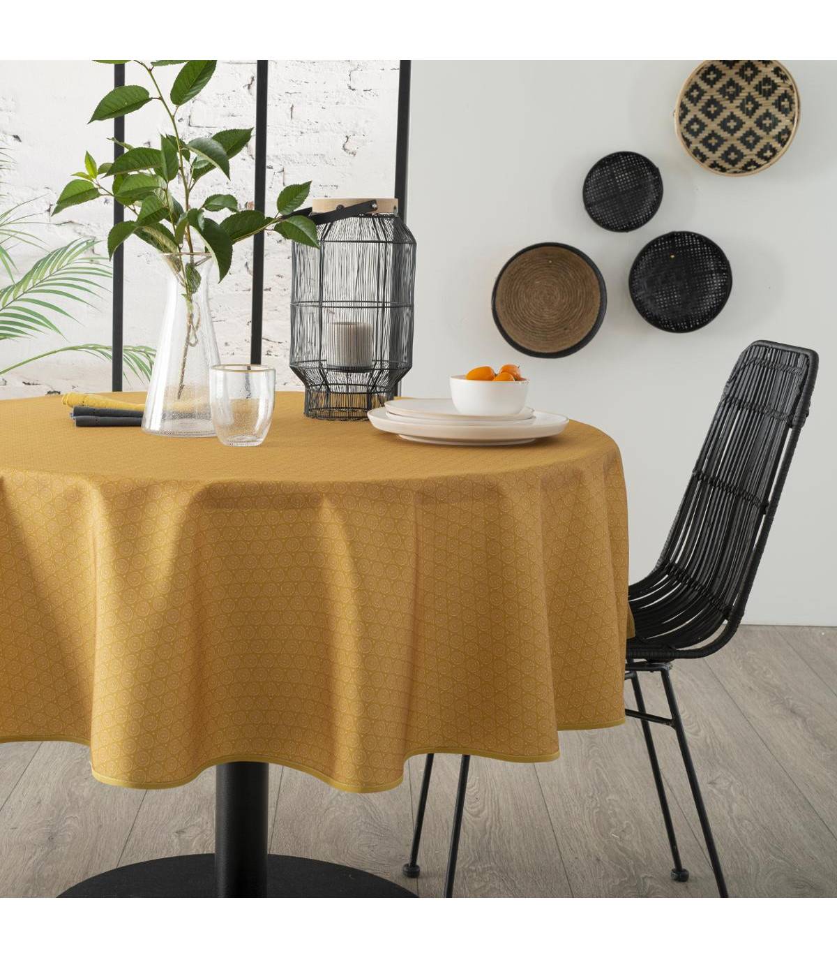 Nappe ronde anti-taches Jaune Ocre imprimé Ethnique D 180 cm - Imagen 3