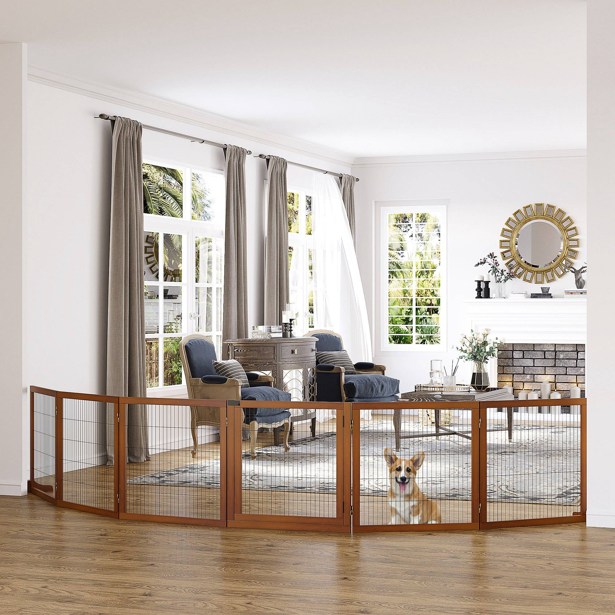 Barrière pour chien, pliable, pin, 432 x 36 x 70 cm, café - Image 3