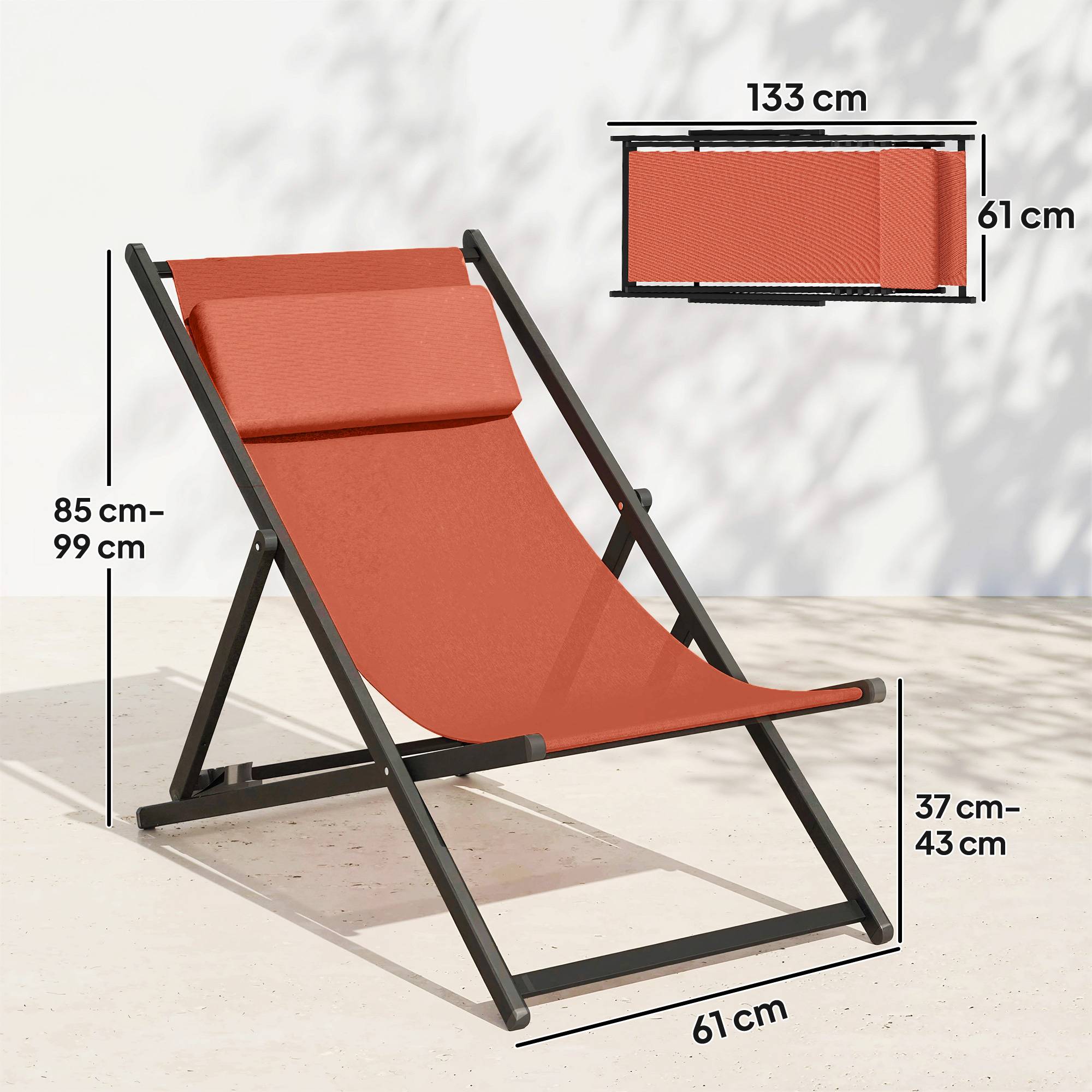 Lot de 2 bain de soleil, chaise longue pliante avec appuie-tête - 100x61x85cm Aluminium Rouge fr73 - Image 5