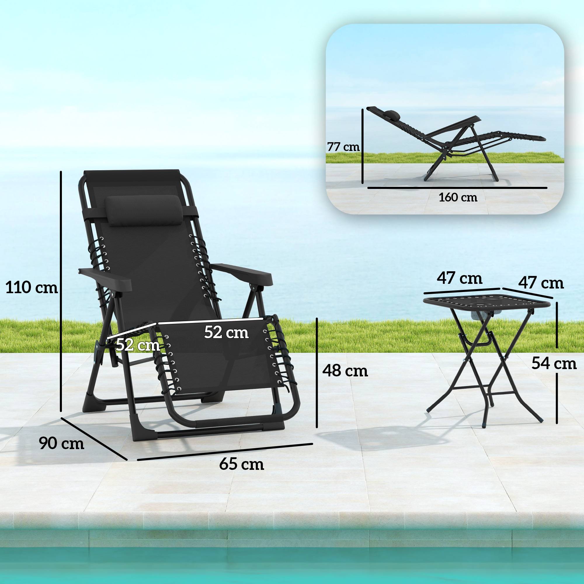 Sans Marque - Lot de 2 chaise longue pliable et inclinable avec table d'appoint, porte-gobelets et appuie-têtes, charge 120 kg, noir - Image 5