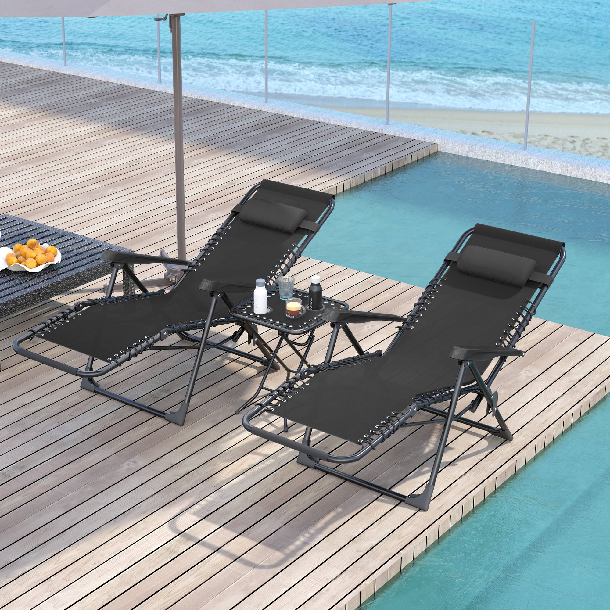 Sans Marque - Lot de 2 chaise longue pliable et inclinable avec table d'appoint, porte-gobelets et appuie-têtes, charge 120 kg, noir - Image 3
