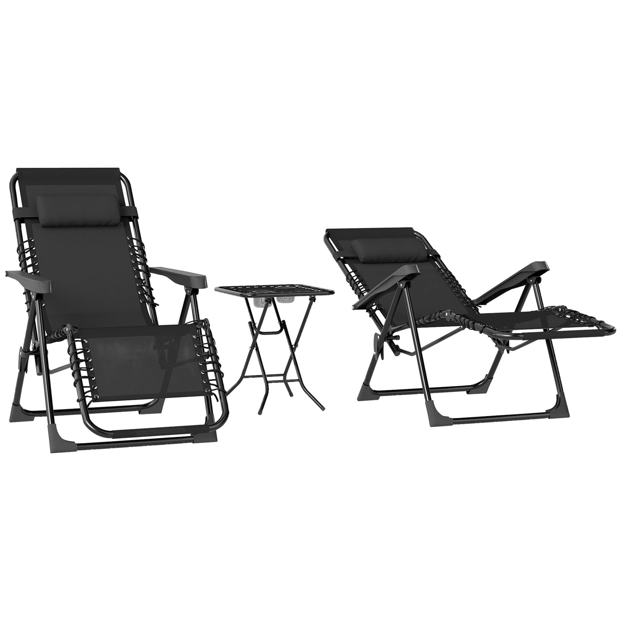 Sans Marque - Lot de 2 chaise longue pliable et inclinable avec table d'appoint, porte-gobelets et appuie-têtes, charge 120 kg, noir - Image 2