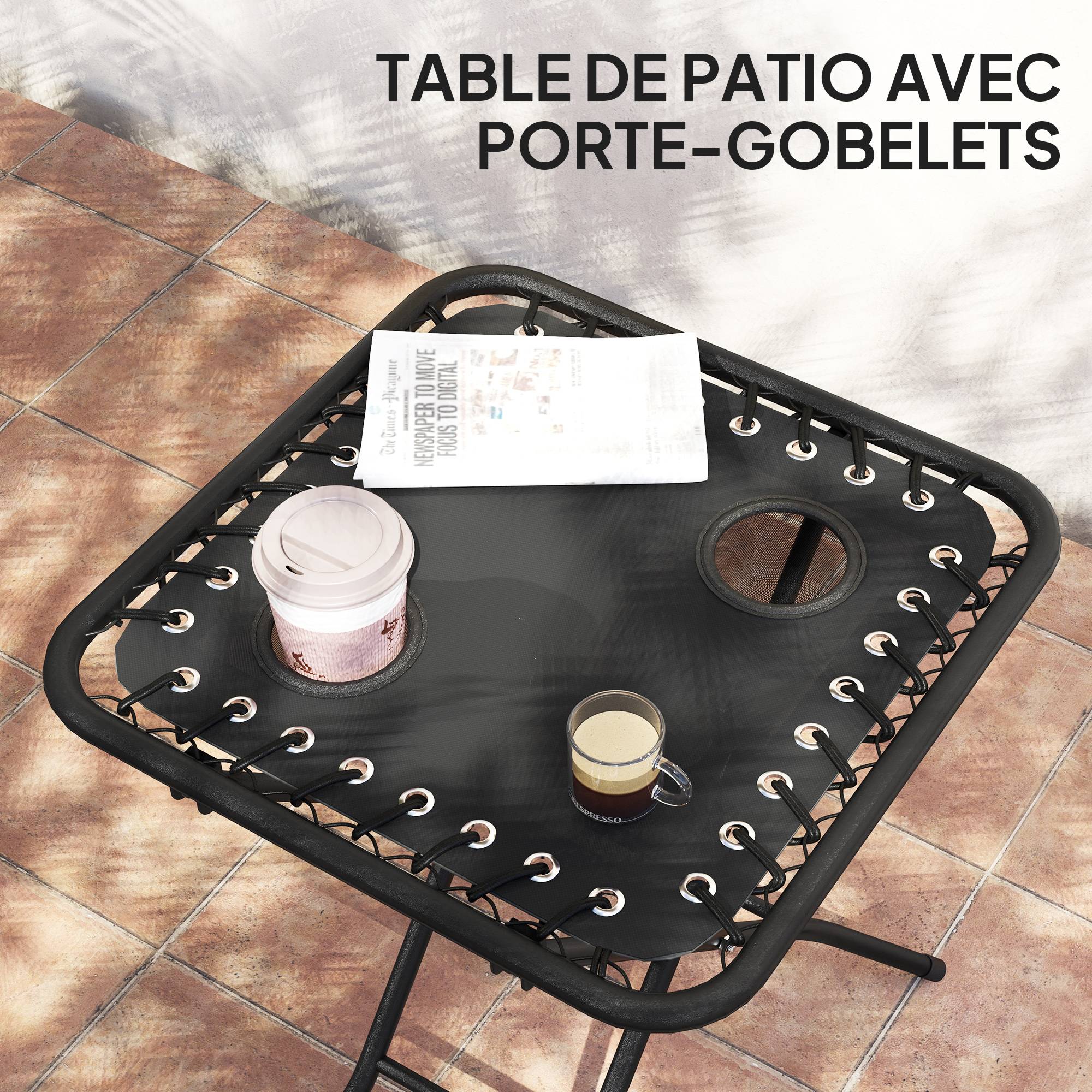 Sans Marque - Lot de 2 chaise longue pliable et inclinable avec table d'appoint, porte-gobelets et appuie-têtes, charge 120 kg, noir - Image 7