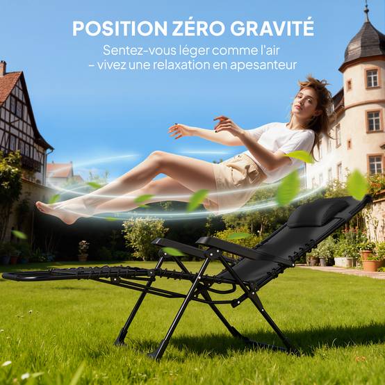 Sans Marque - Lot de 2 chaise longue pliable et inclinable avec table d'appoint, porte-gobelets et appuie-têtes, charge 120 kg, noir - Image 6