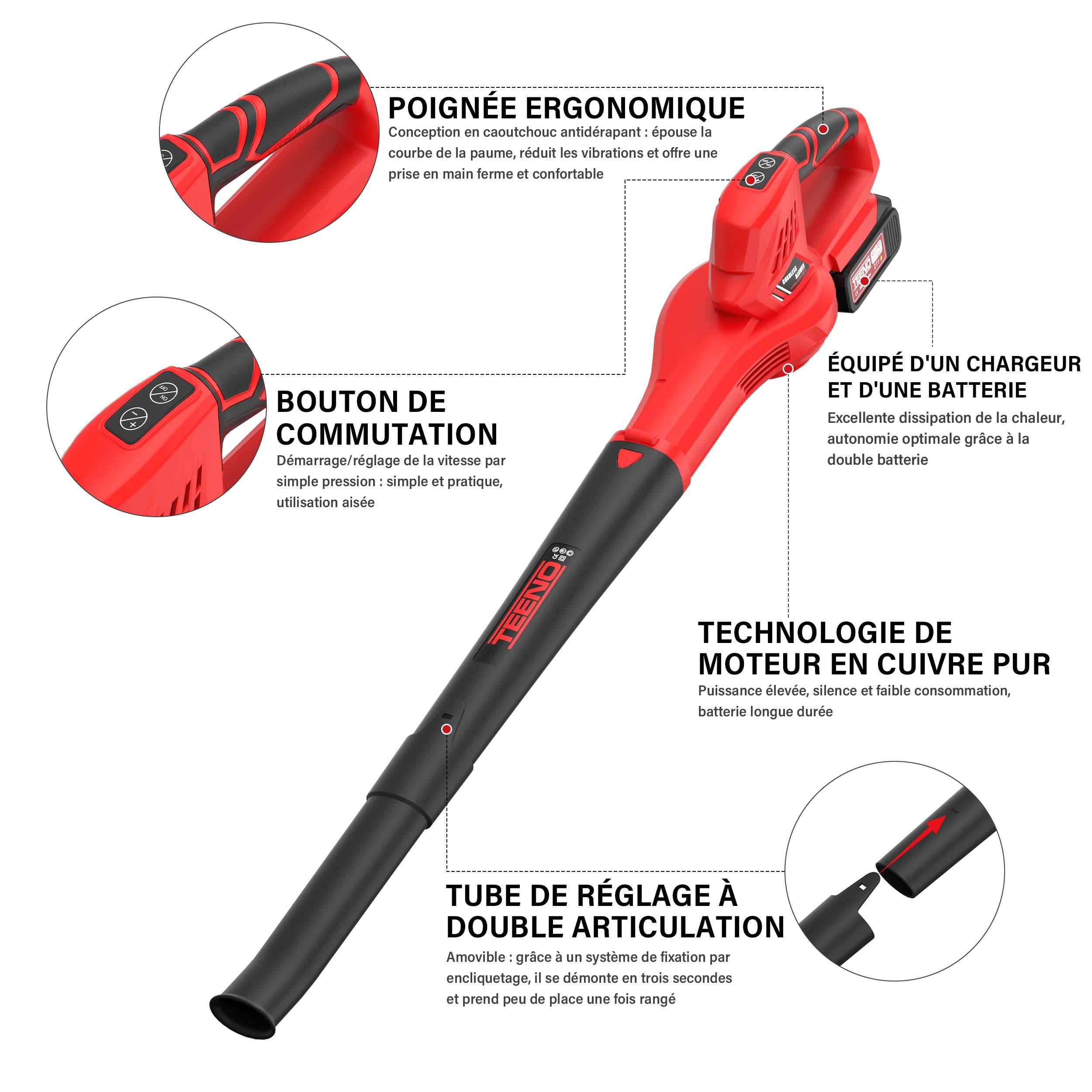 Souffleur à feuilles sans fil, 21V, 2 batteries 4,0 Ah, vitesse de rotation 15 000 tr/min, chargeur rapide inclu - Image 4