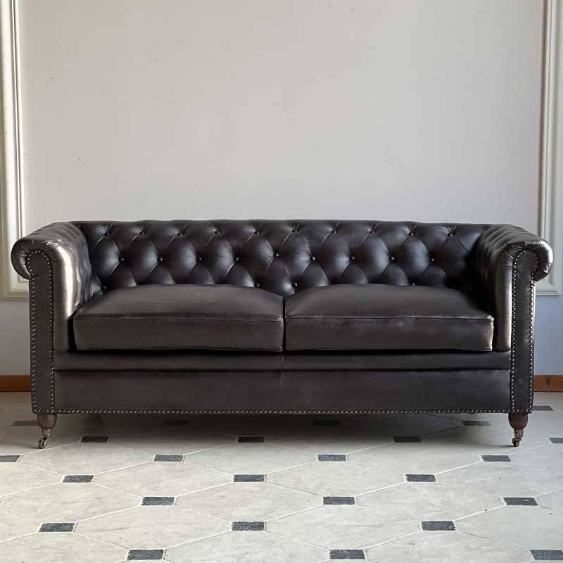 La Grande Prairie - Canapé chesterfield cuir noir 3 places 190x77x80cm - Image 1