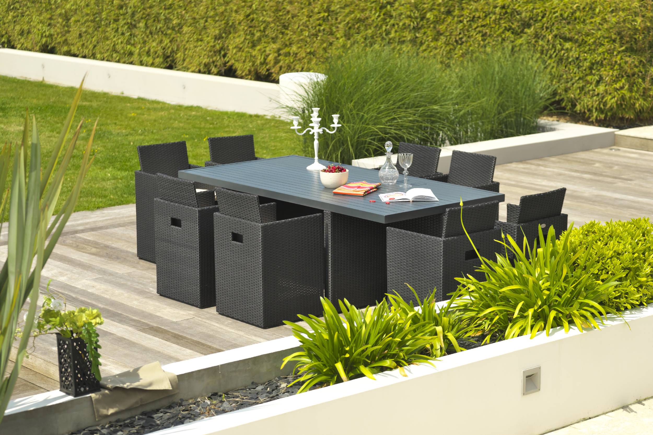Dcb Garden - Ensemble repas encastrable 8 places résine tresséee - Noir - PVC-8-ALU - Imagen 7