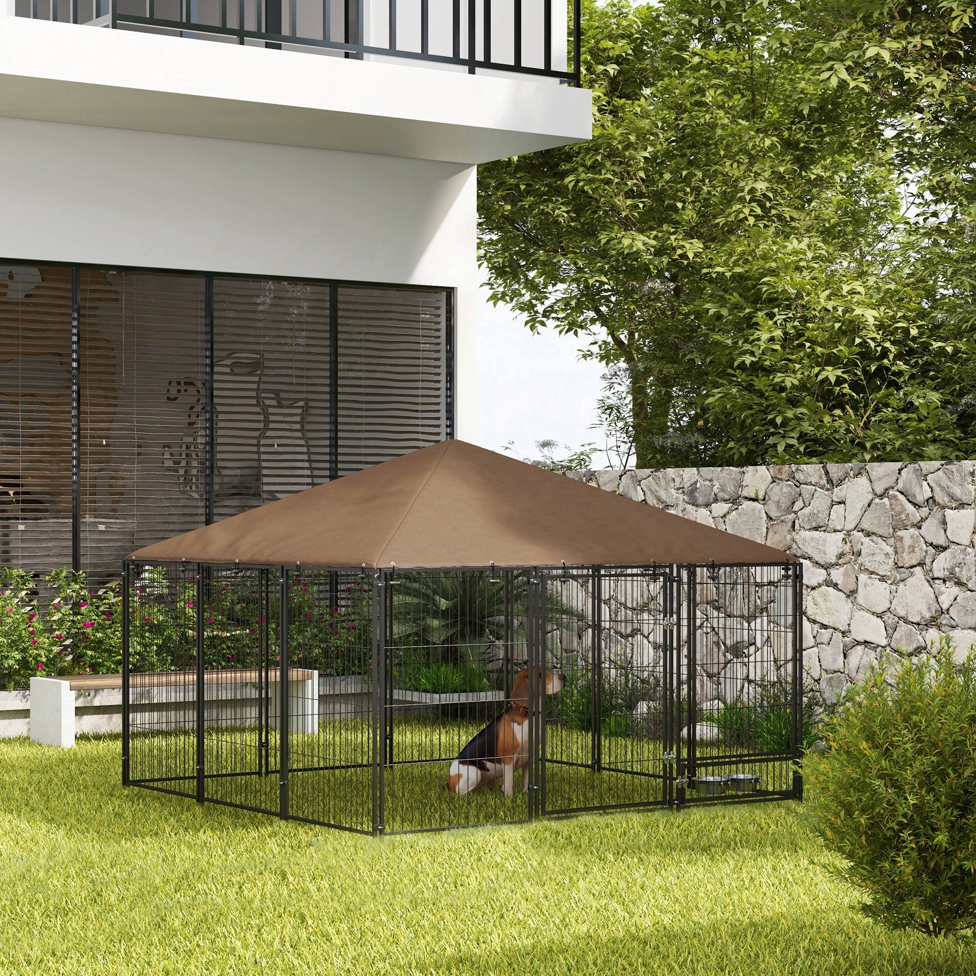 Chenil pour chien acier tissu extérieur abri avec toit étanche 211x211x151cm café - ComfortXL Outdoor Living - Image 4