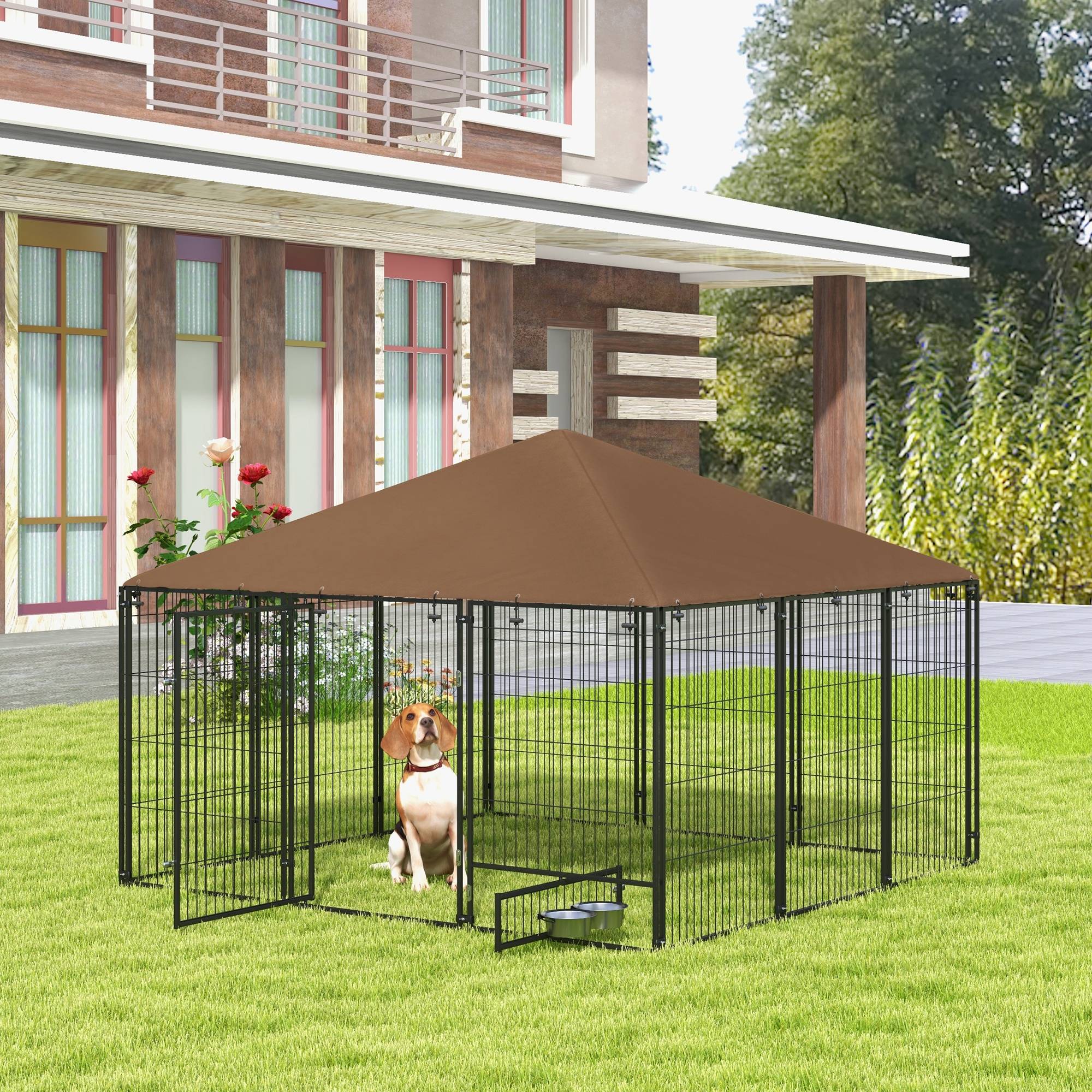 Chenil pour chien acier tissu extérieur abri avec toit étanche 211x211x151cm café - ComfortXL Outdoor Living - Image 3