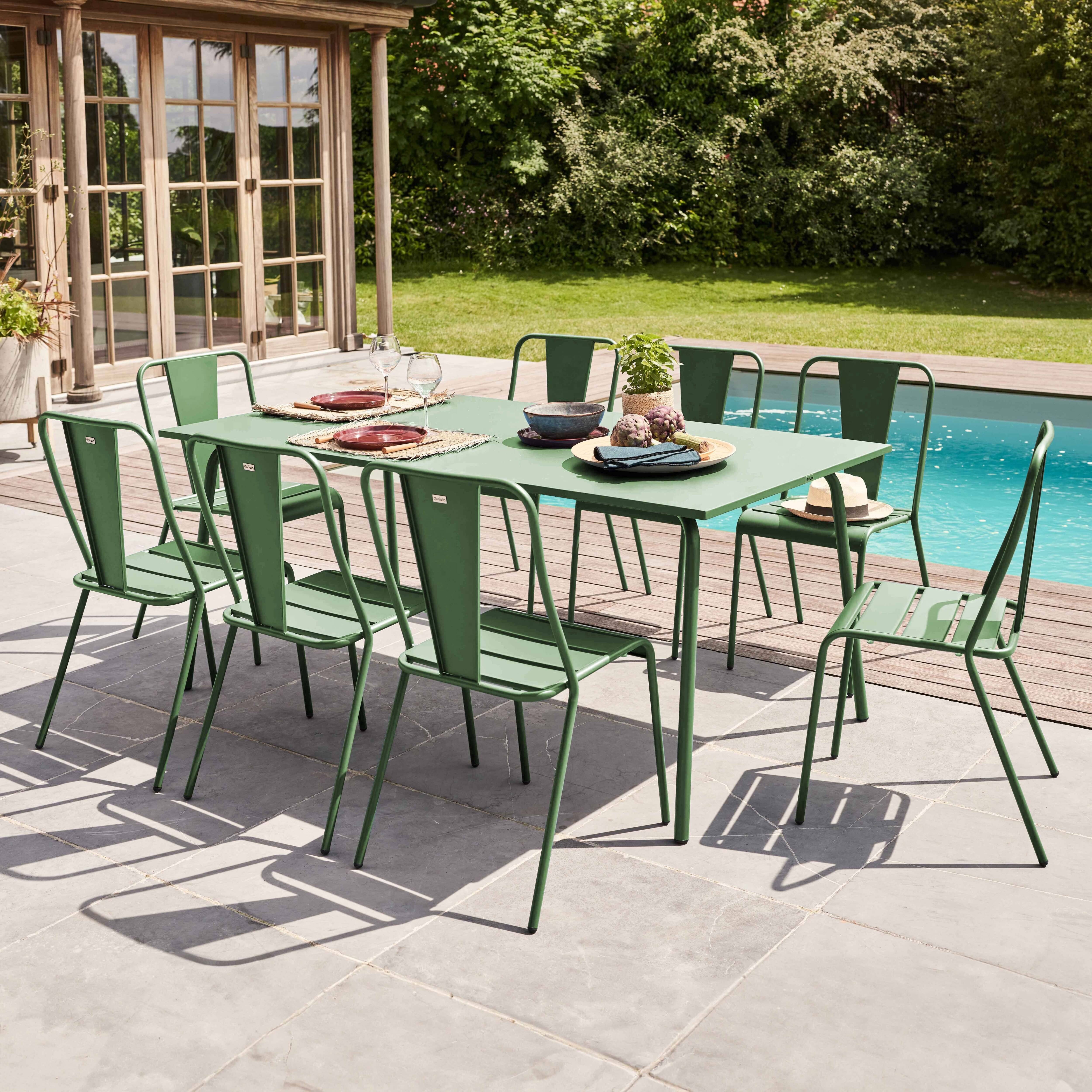 Oviala - Ensemble table de jardin et 8 chaises bistrot en acier vert cactus Palavas - Oviala - Imagen 2