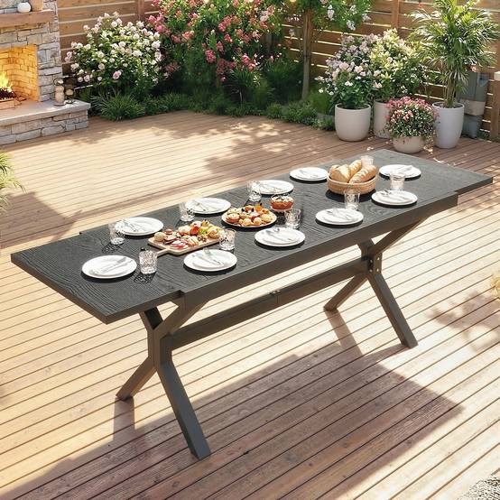 Table de jardin extensible 154/214 cm pour 8 à 10 personnes, en aluminium et acier avec plateau aspect bois gris - Image 10