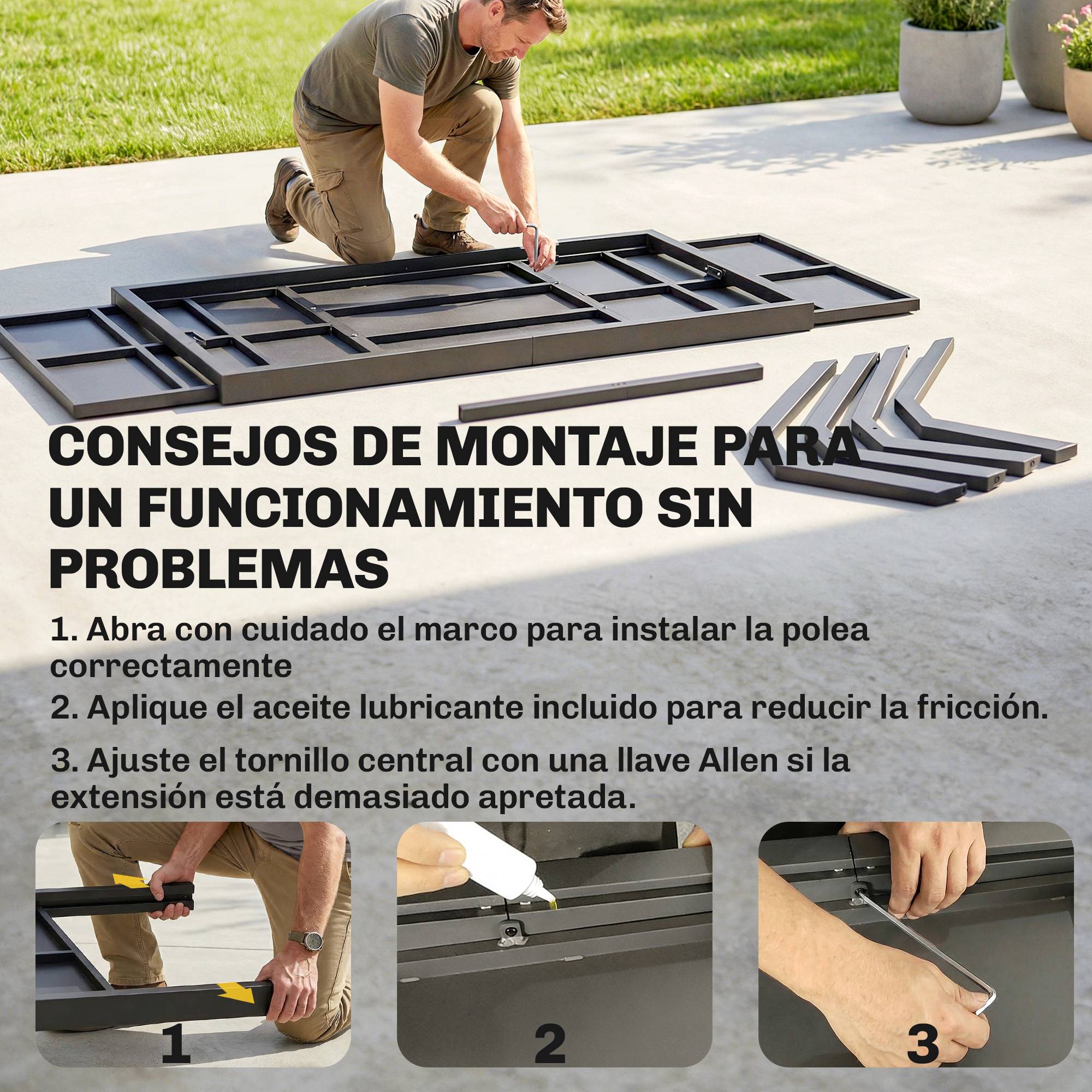 Table de jardin extensible 154/214 cm pour 8 à 10 personnes, en aluminium et acier avec plateau aspect bois gris - Image 9
