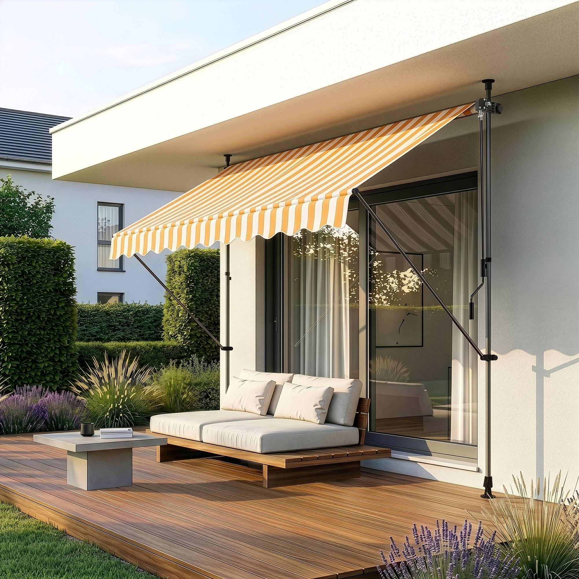 Pro.Tec - Store Banne Téléscopique Acier Polyester 300 x 120 x 220-309 cm Jaune Blanc [pro.tec] - Imagen 6