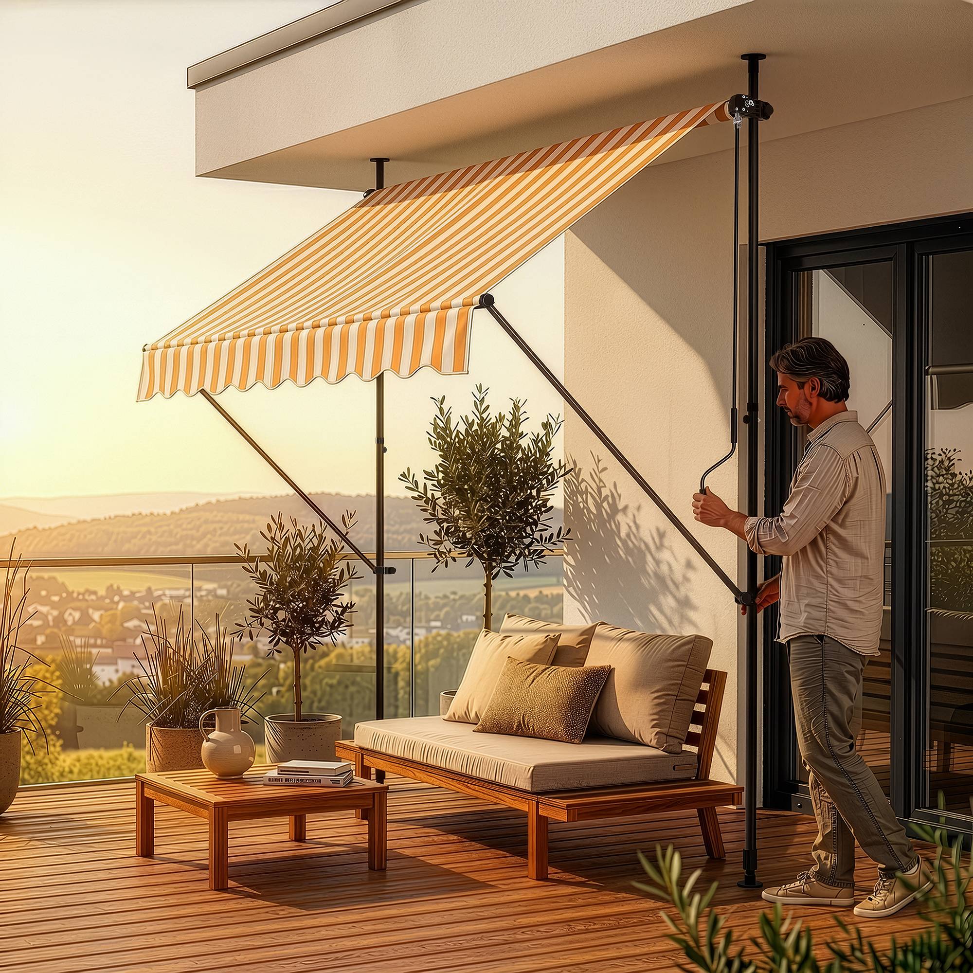 Pro.Tec - Store Banne Téléscopique Acier Polyester 300 x 120 x 220-309 cm Jaune Blanc [pro.tec] - Imagen 4