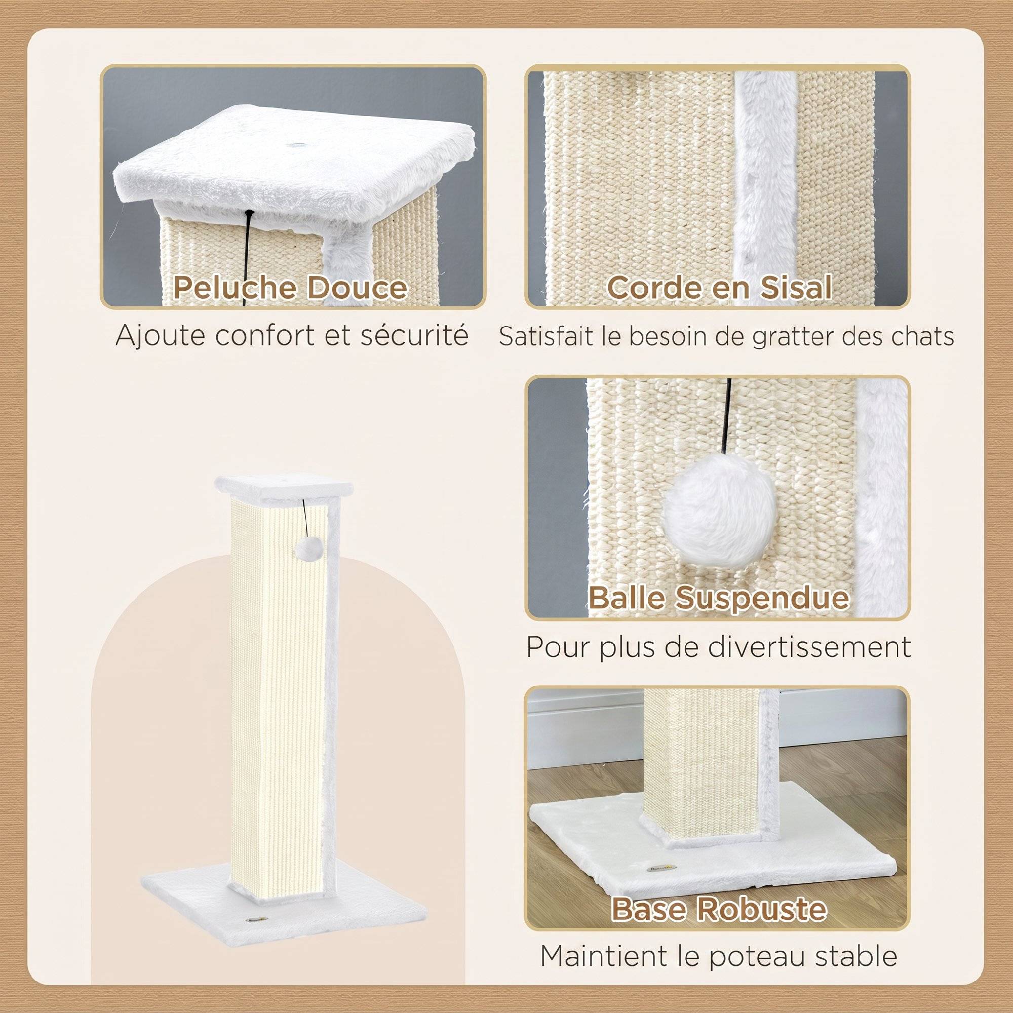 ComfortXL - Poteau griffoir pour chat en sisal et peluche gris 41 x 41 x 81 cm avec balle suspendue et base stable - Image 5