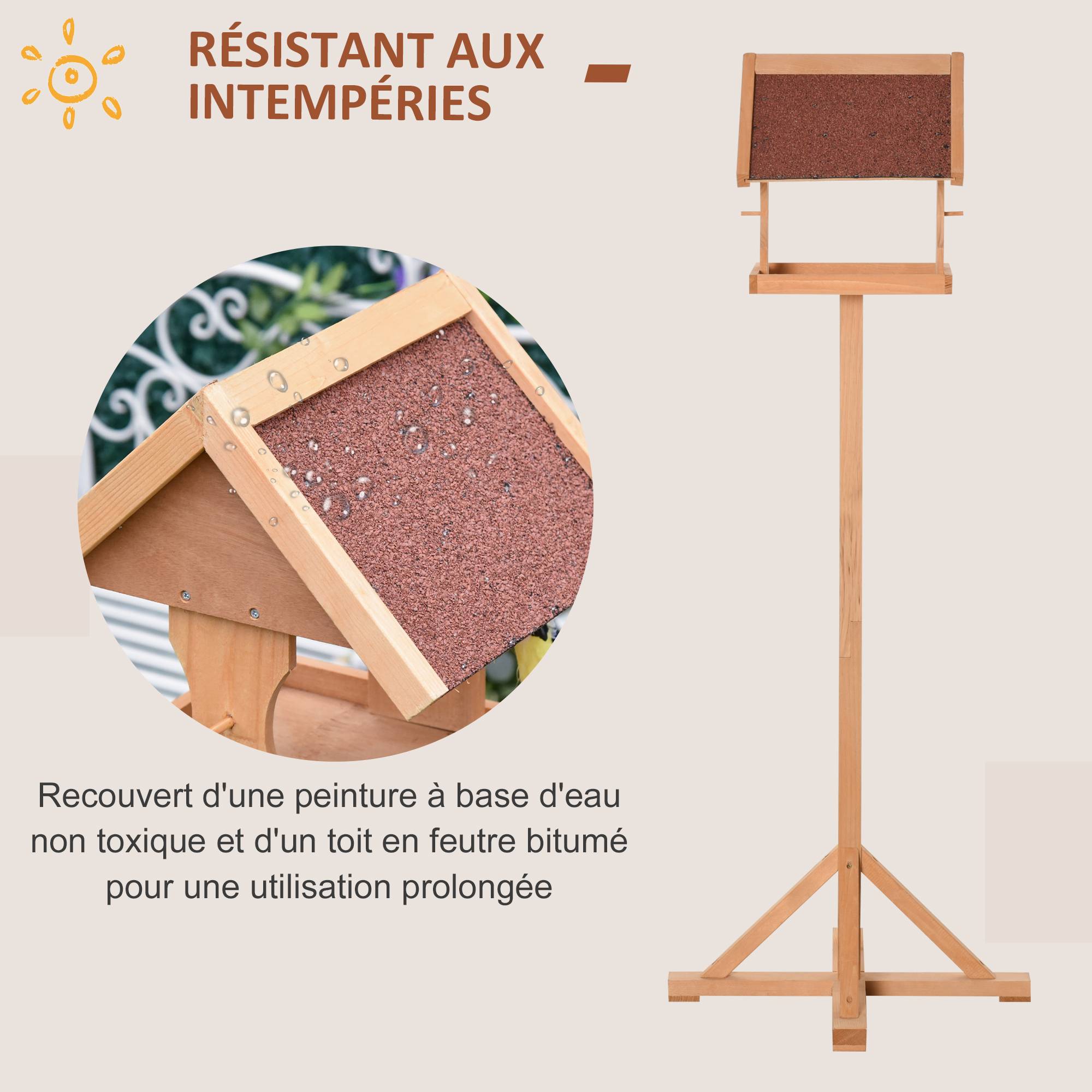 Mangeoire oiseaux sur pied bois massif abri jardin toit asphalte 55x55x144cm naturel - ComfortXL Outdoor Living - Image 9
