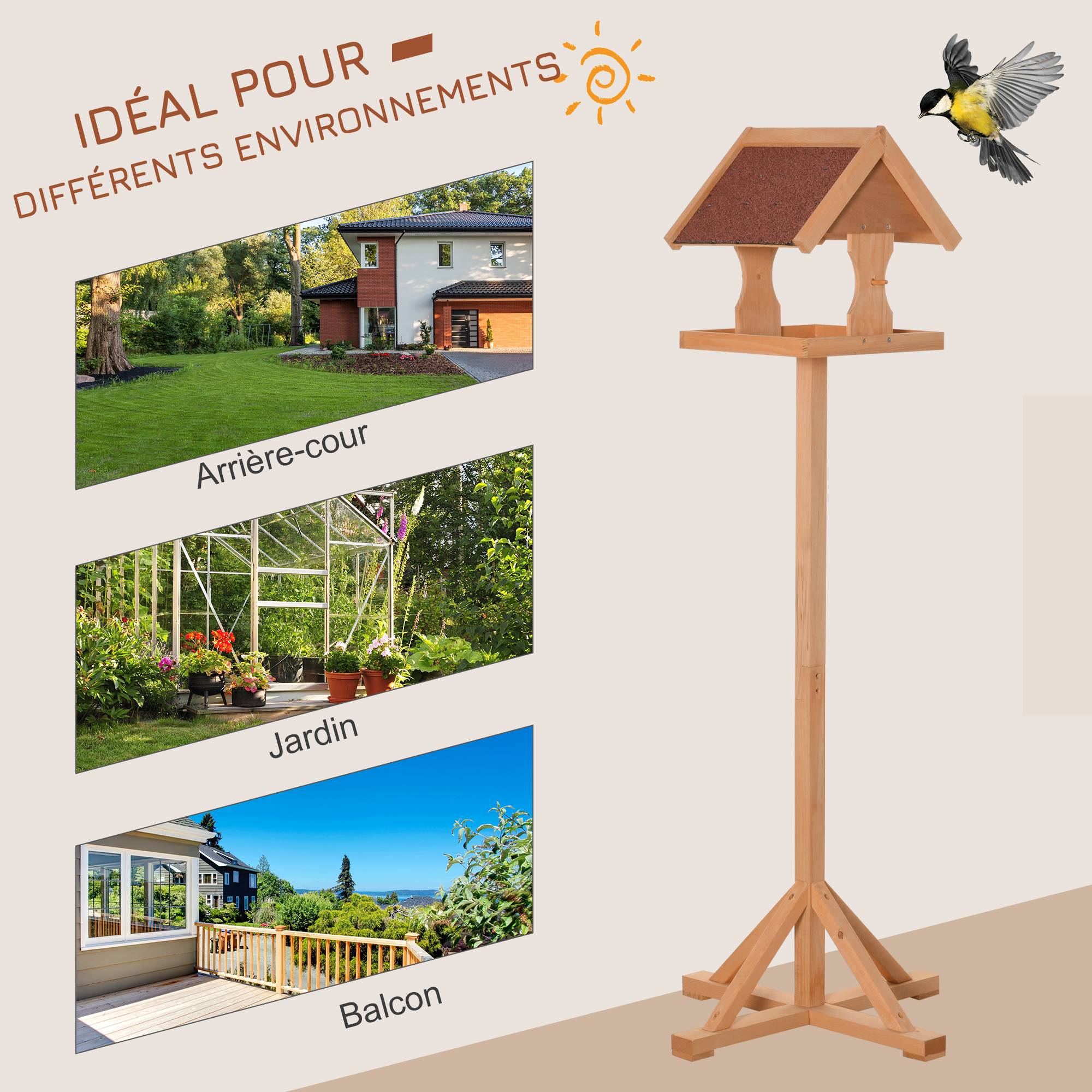 Mangeoire oiseaux sur pied bois massif abri jardin toit asphalte 55x55x144cm naturel - ComfortXL Outdoor Living - Image 6